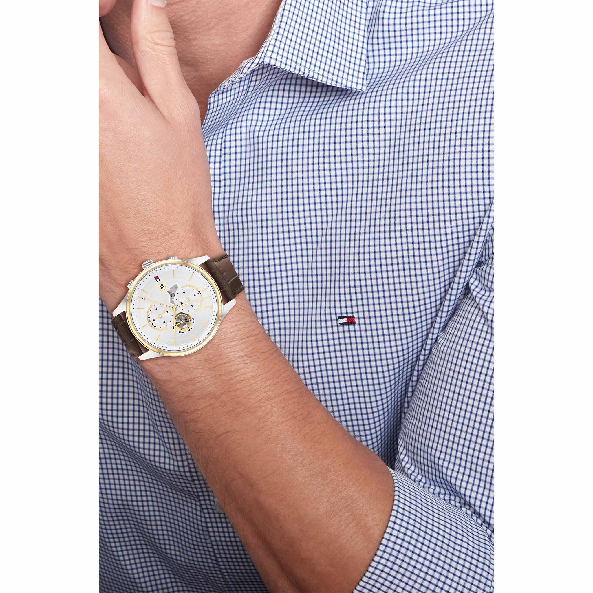 Tommy Hilfiger Brown Leather Silver White Dial Multi-function Men's Watch - 1710501