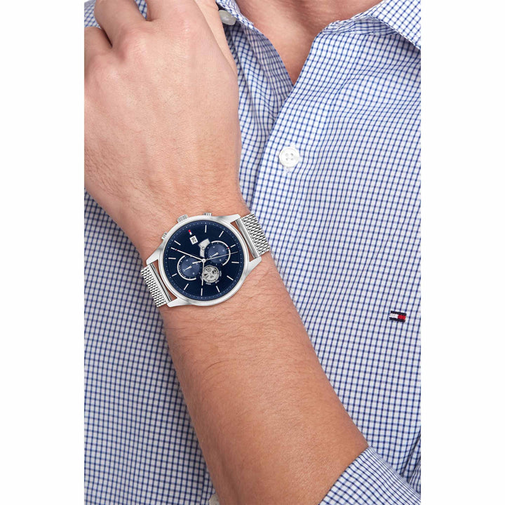 Tommy Hilfiger Silver-Tone Mesh Navy Dial Multi-function Men's Watch - 1710504