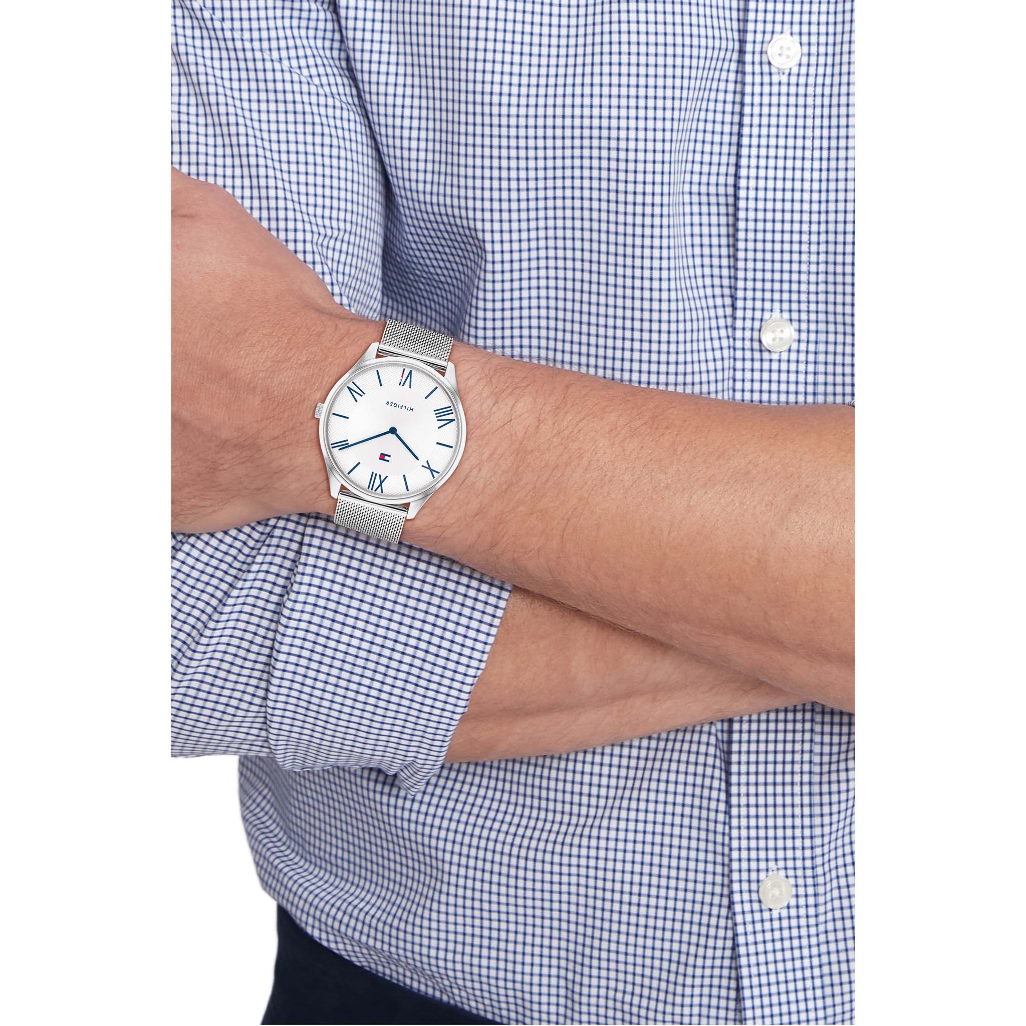 Tommy Hilfiger Silver-tone Steel Mesh Silver White Dial Slim Men's Watch - 1710512