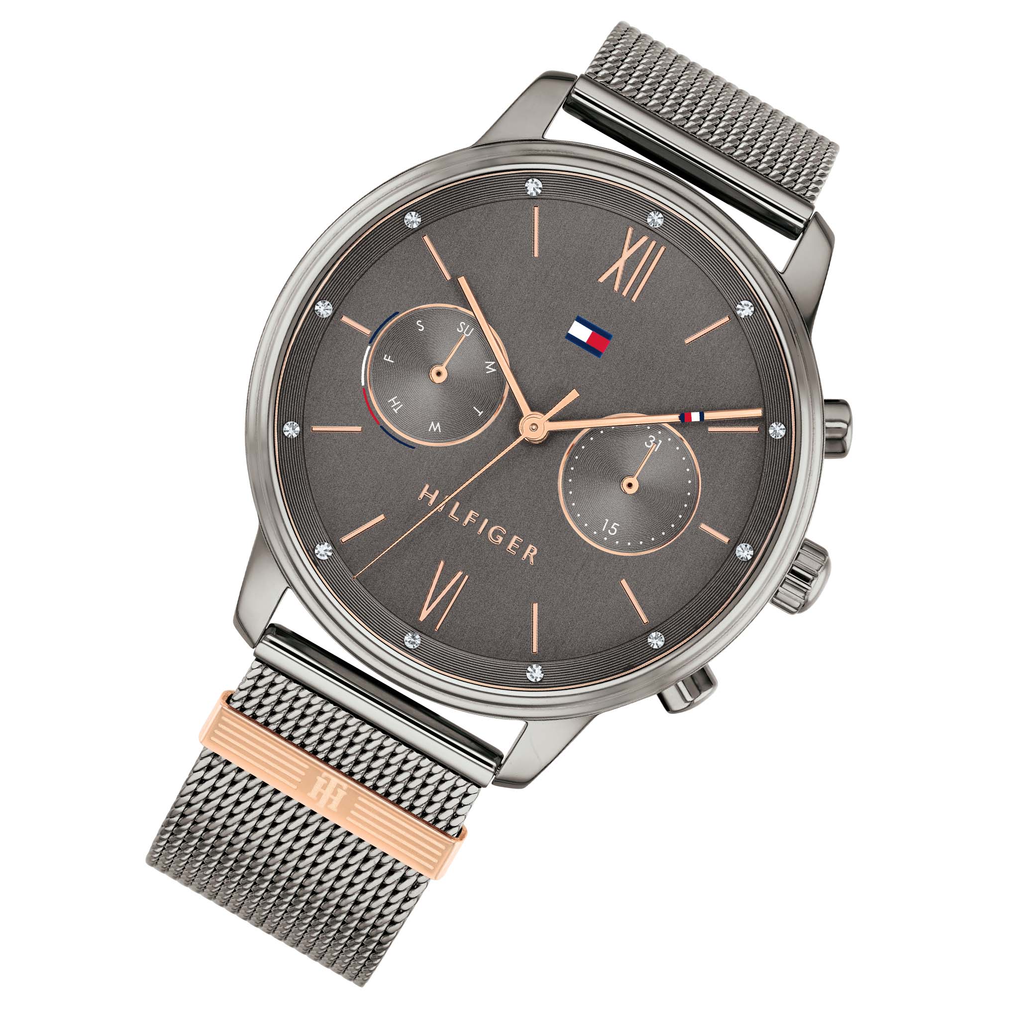Tommy Hilfiger Grey Stainless Steel Mesh Gunmetal Dial Multi-function Women's Watch - 1782304