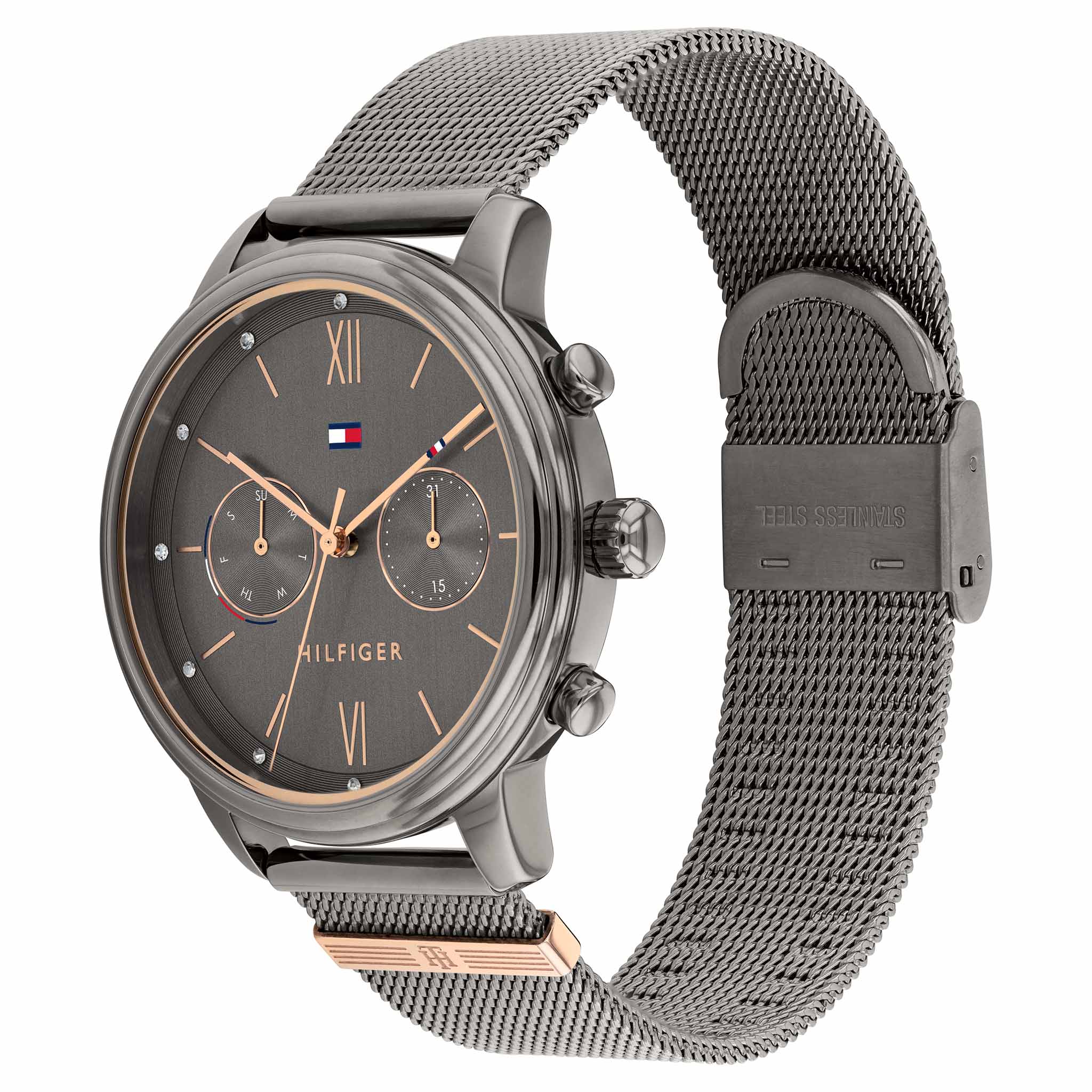 Tommy Hilfiger Grey Stainless Steel Mesh Gunmetal Dial Multi-function Women's Watch - 1782304