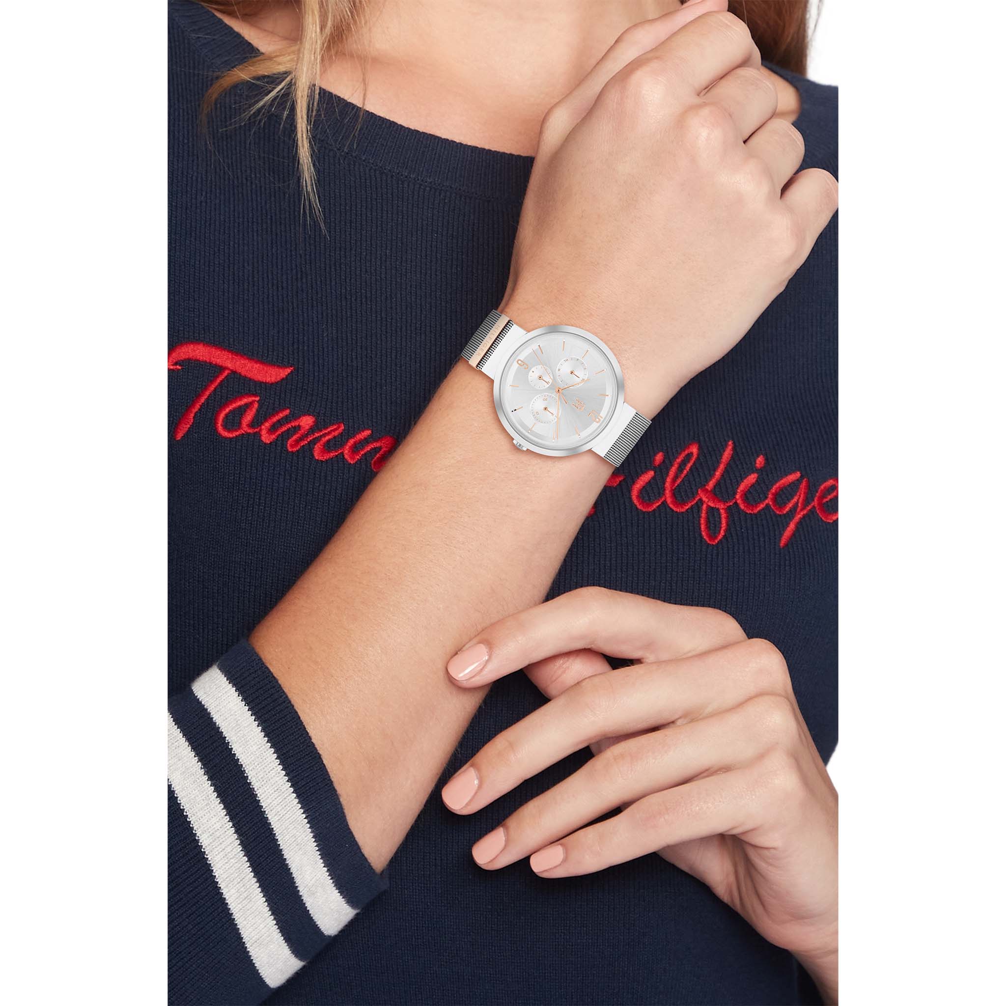 Tommy Hilfiger Silver Steel Mesh Silver White Dial Women's Watch - 1782537