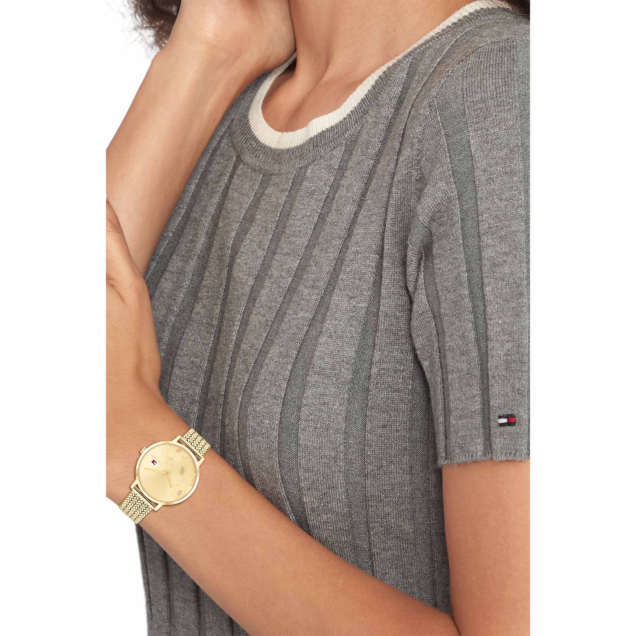 Tommy Hilfiger Gold Steel Mesh Champagne Dial Slim Women's Watch - 1782606