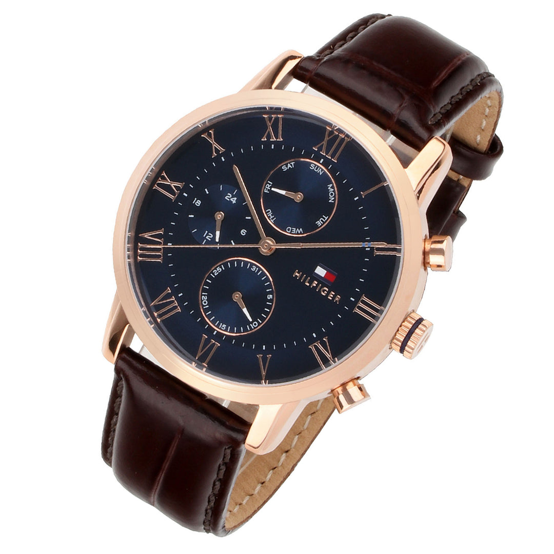 Tommy Hilfiger Brown Leather Blue Dial Men's Multi-function Watch - 1791399