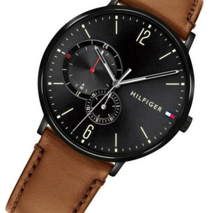 Tommy Hilfiger Brown Leather Black Dial Multi-function Men's Watch - 1791510