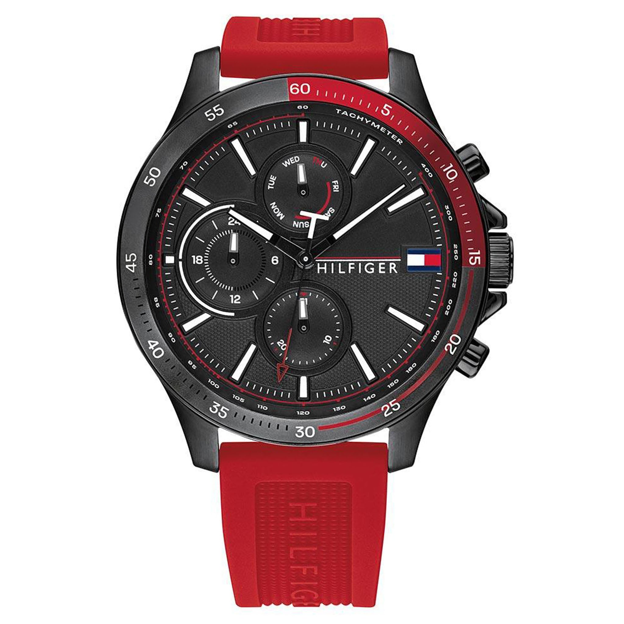 Tommy hilfiger multi dial store red leather strap watch