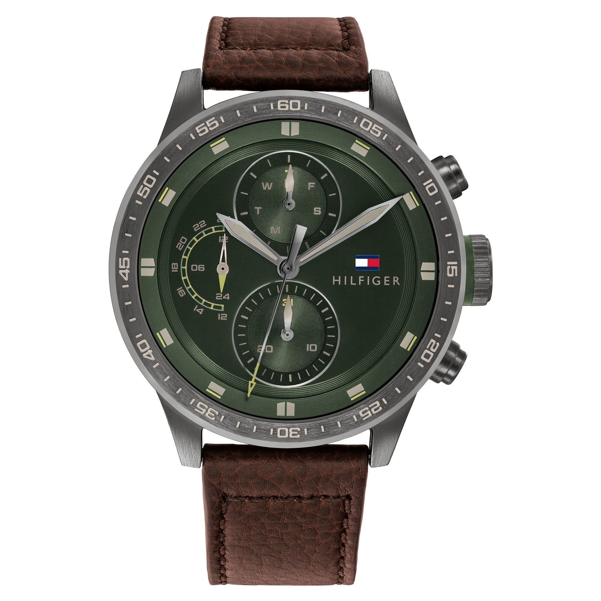 Tommy Hilfiger Brown Leather Green Dial Men's Multi-function Watch - 1791809