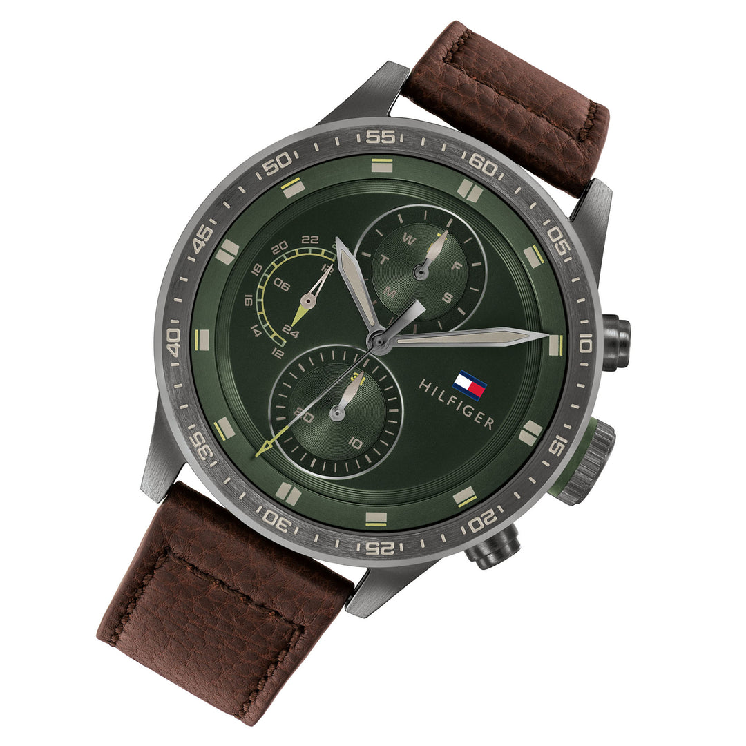 Tommy Hilfiger Brown Leather Green Dial Men's Multi-function Watch - 1791809