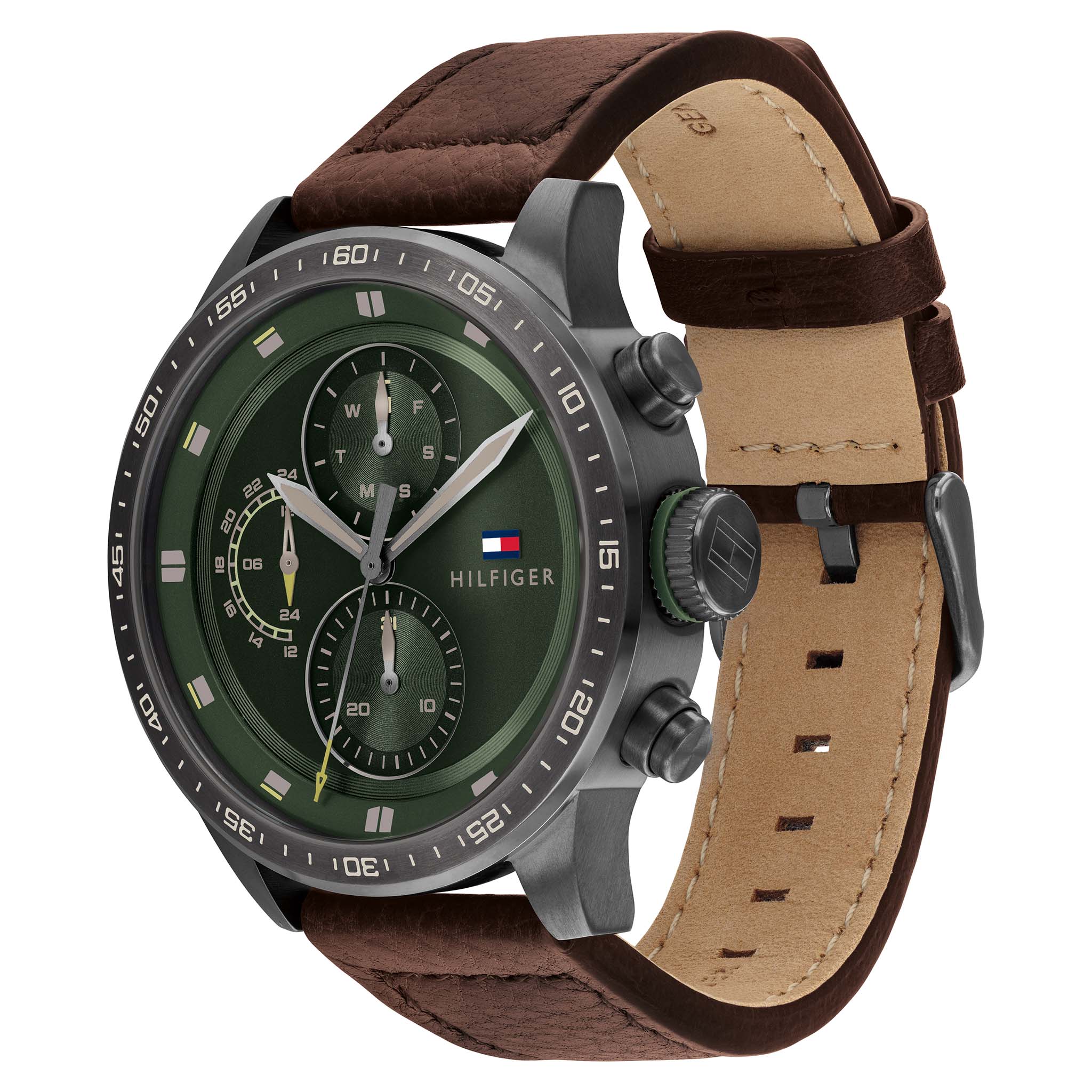Tommy Hilfiger Brown Leather Green Dial Men's Multi-function Watch - 1791809
