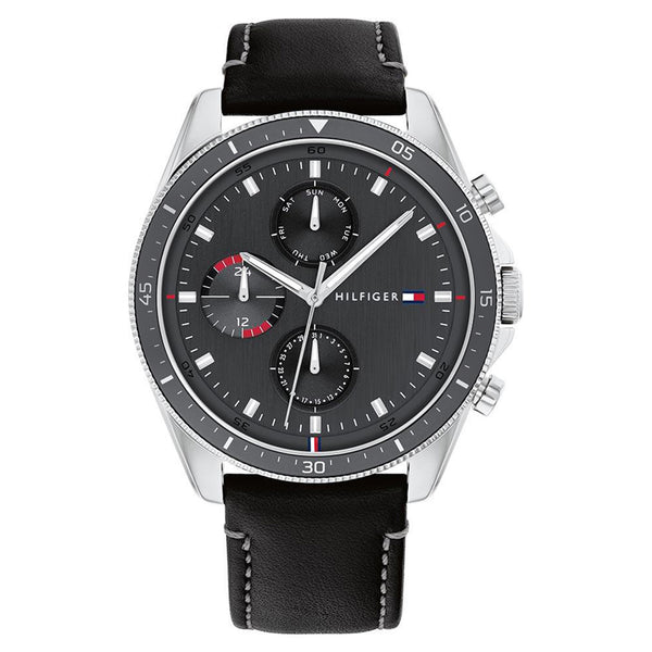 H⭐︎ Tommy Hilfiger Black Leather Men's Multi-function Watch - 1791838