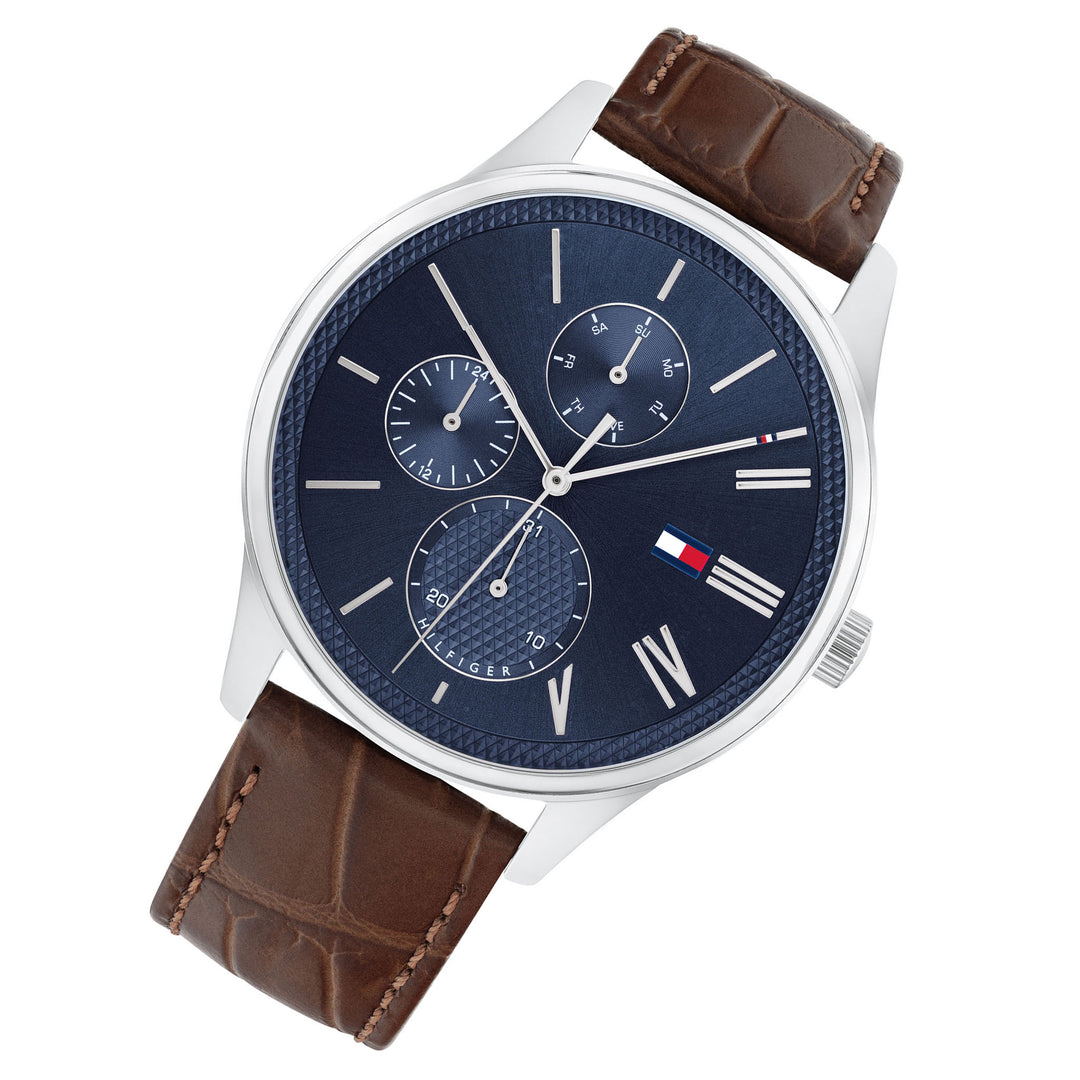 Tommy Hilfiger Brown Leather Blue Dial Men's Multi-function Watch - 1791847