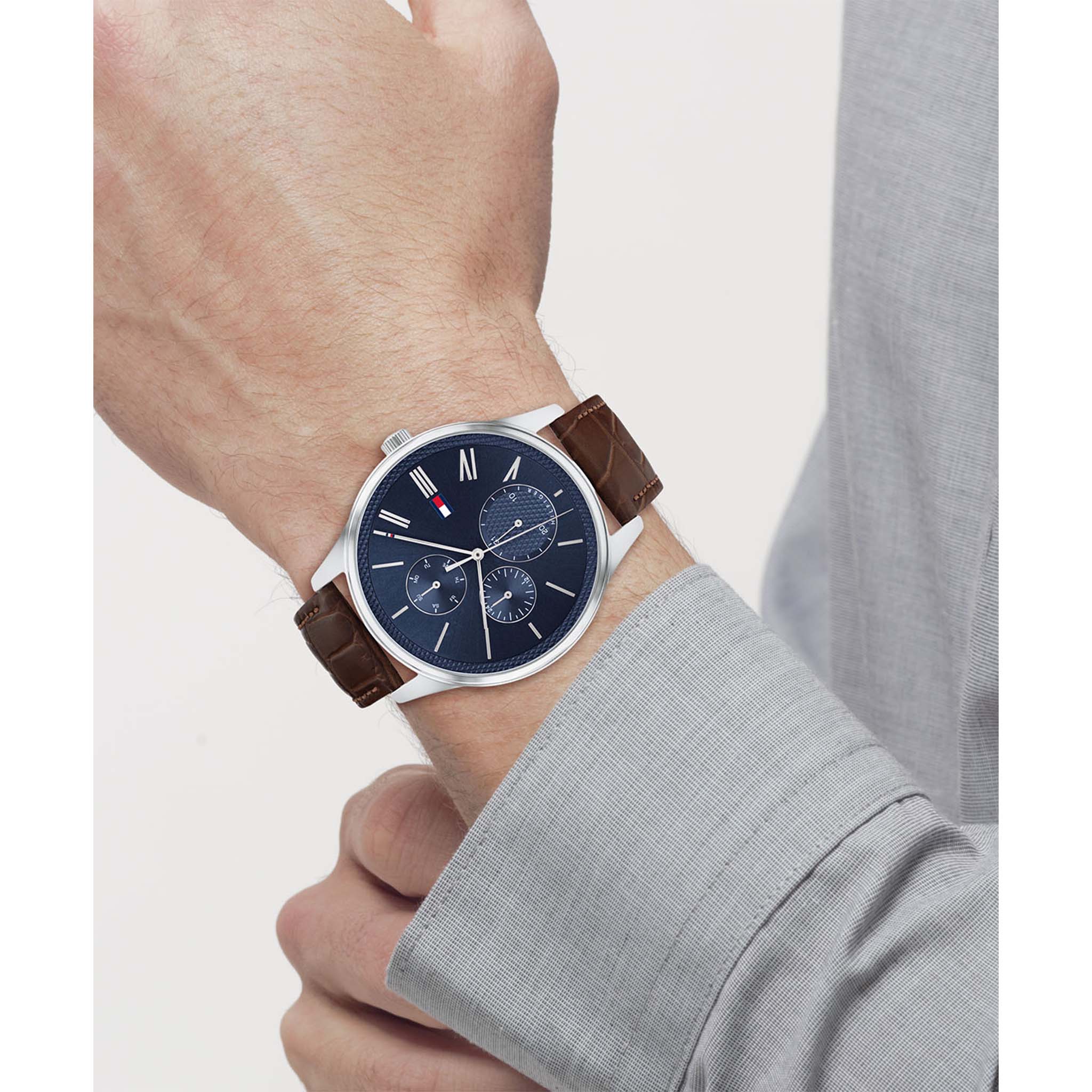 Tommy Hilfiger Brown Leather Blue Dial Men's Multi-function Watch - 1791847