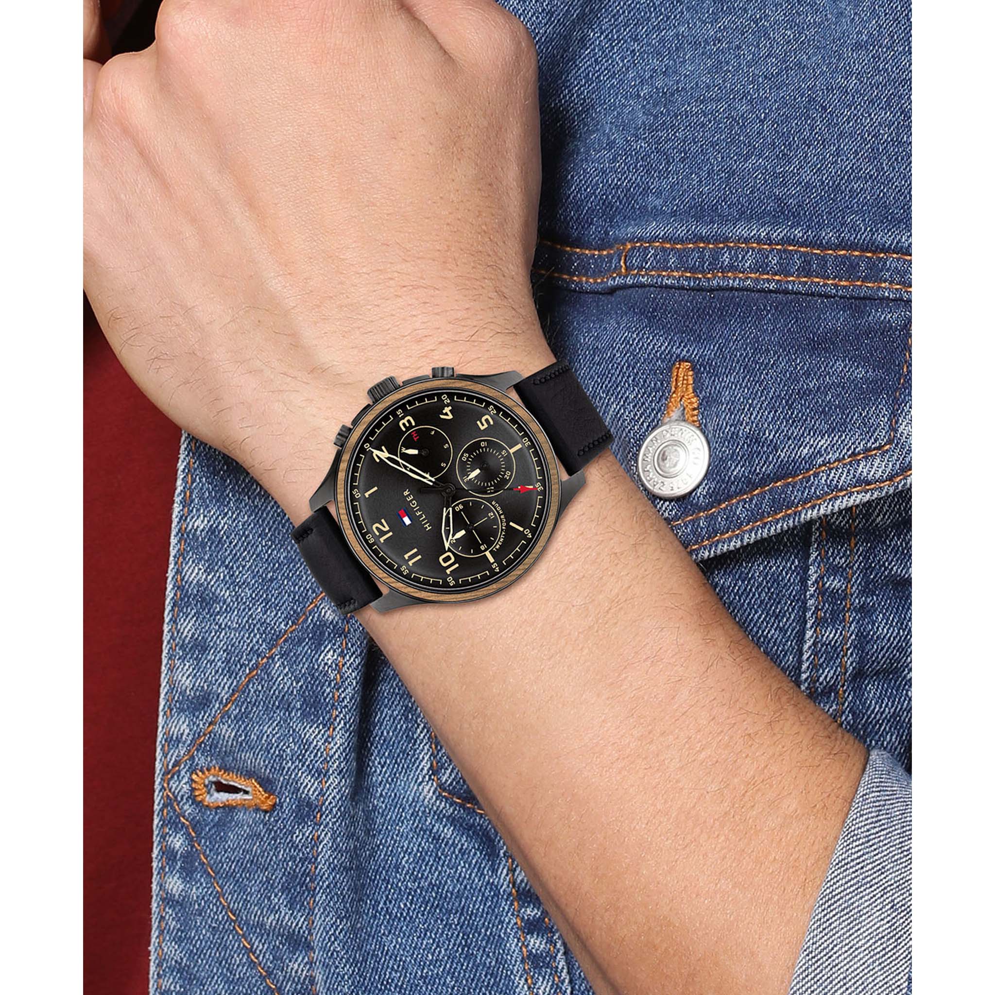 Tommy Hilfiger Black Leather Multi-function Men's Watch - 1791854