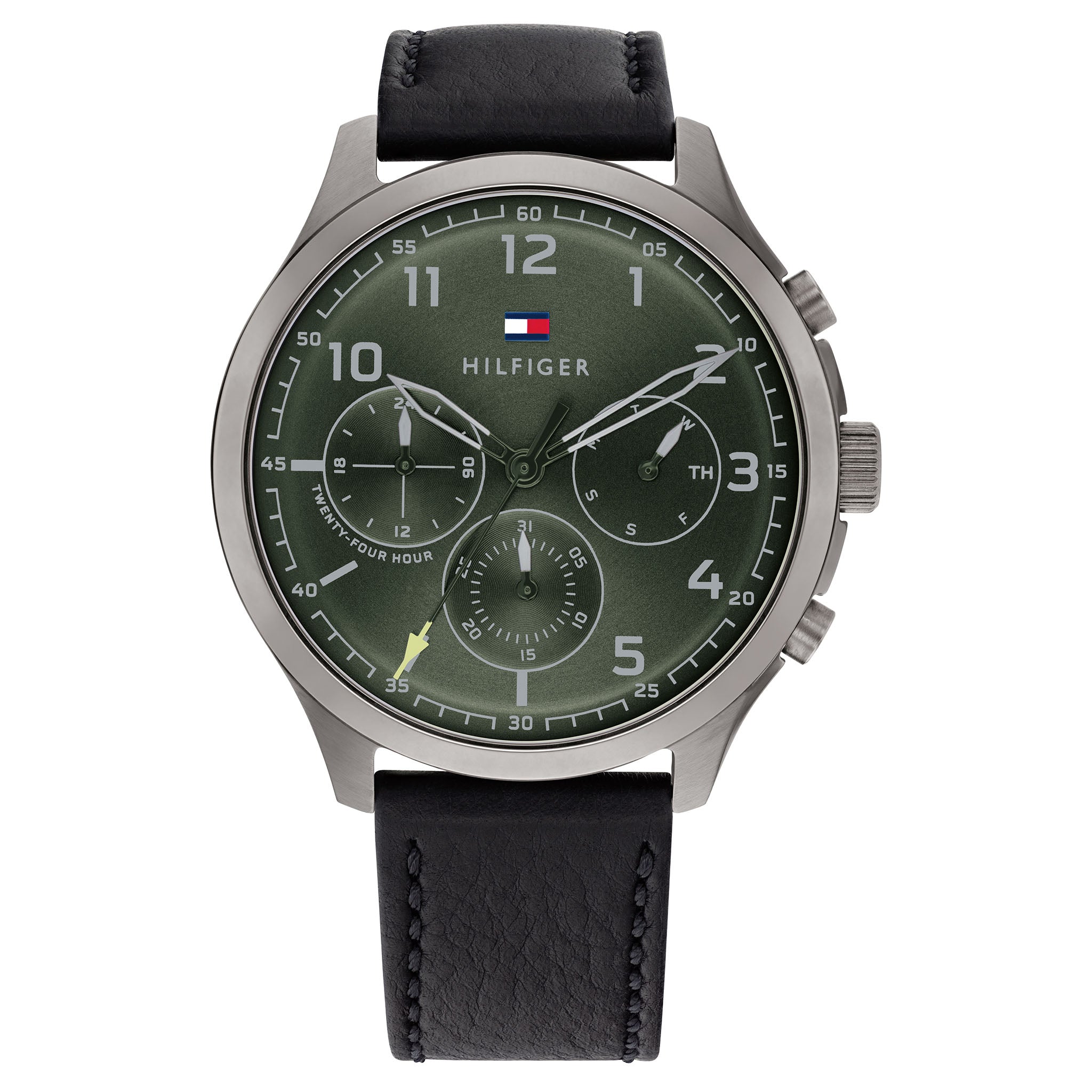 Tommy Hilfiger Black Leather Green Dial Men's Multi-function Watch - 1791856