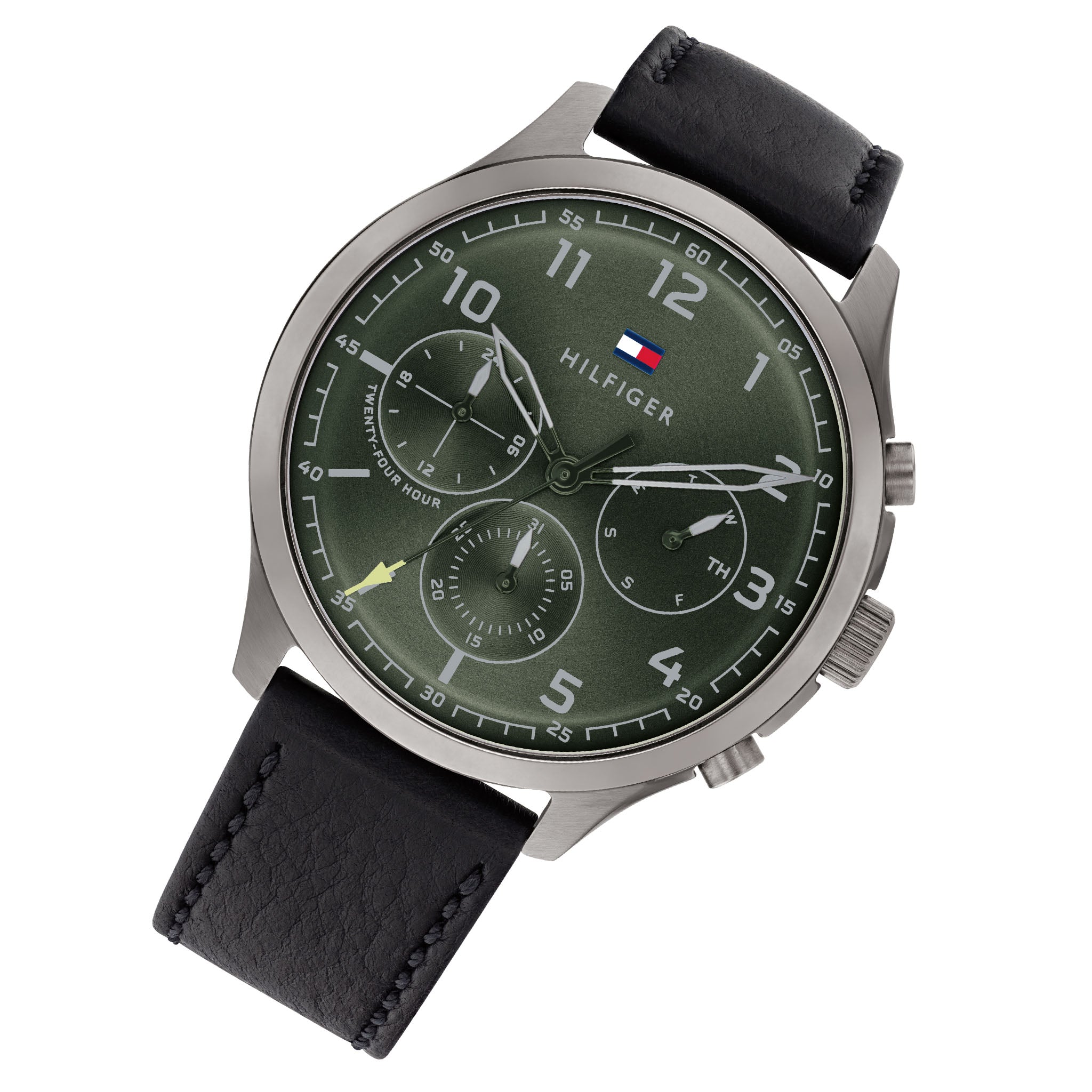 Tommy Hilfiger Black Leather Green Dial Men's Multi-function Watch - 1791856