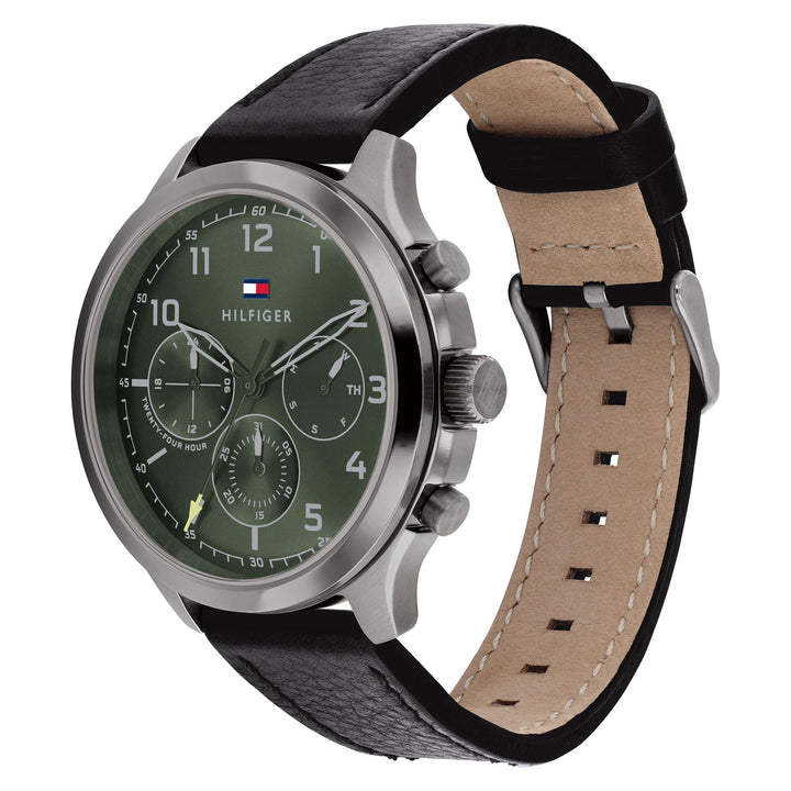 Tommy Hilfiger Black Leather Green Dial Men's Multi-function Watch - 1791856