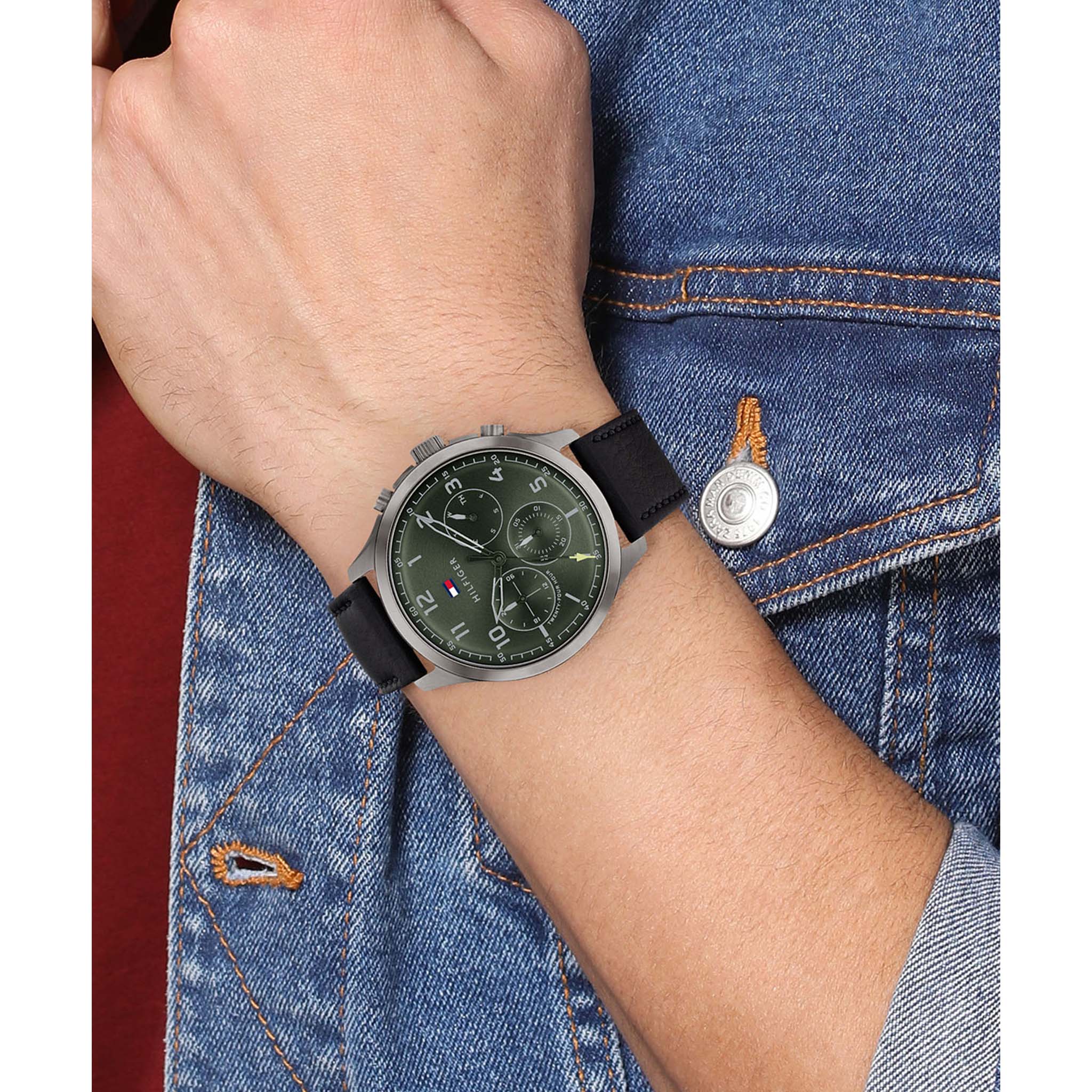 Tommy Hilfiger Black Leather Green Dial Men's Multi-function Watch - 1791856