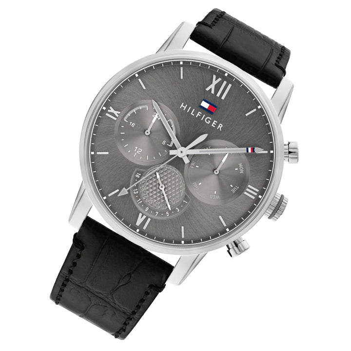 Tommy Hilfiger Black Leather Grey Dial Men's Multi-function Watch - 1791883