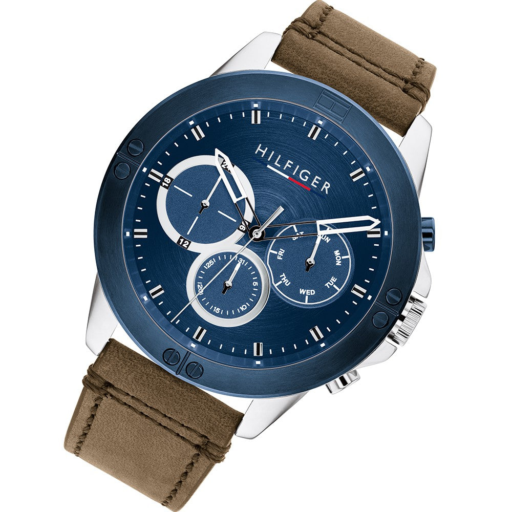 Tommy Hilfiger Brown Leather Navy Dial Men's Multi-function Watch - 1791895