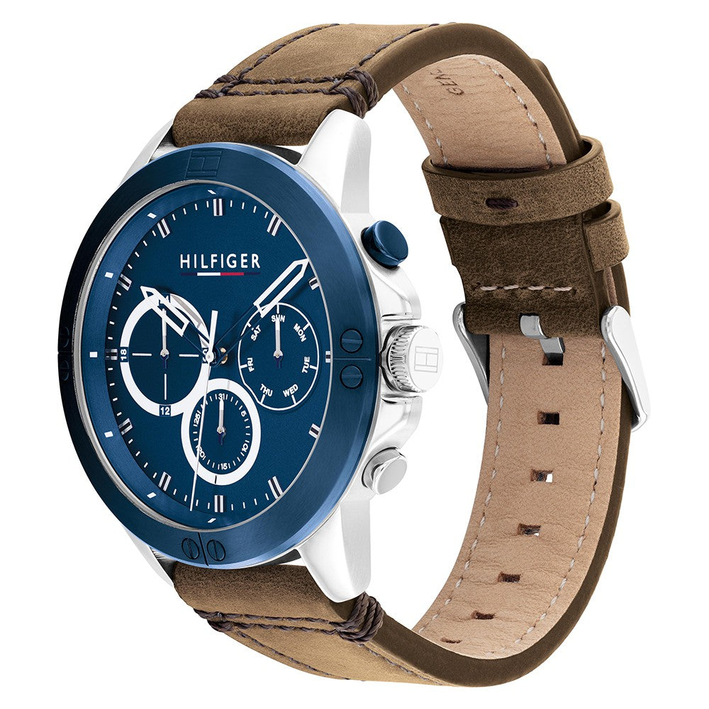 Tommy Hilfiger Brown Leather Navy Dial Men's Multi-function Watch - 1791895