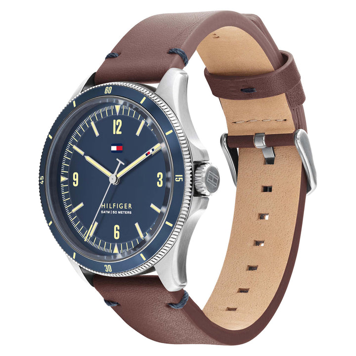 Tommy Hilfiger Brown Leather Blue Dial Men's Watch - 1791905