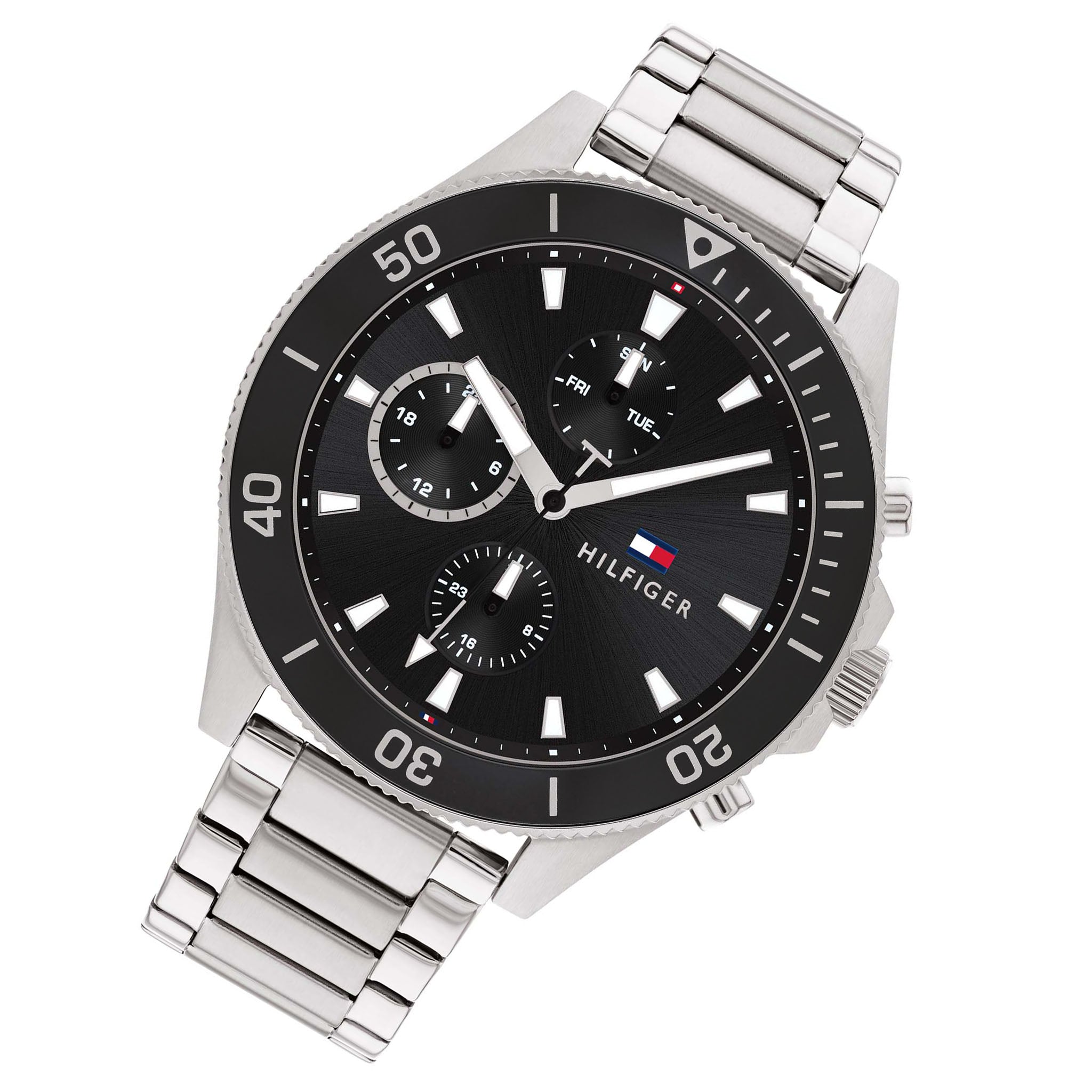 Tommy Hilfiger Silver Steel Black Dial Men's Multi-function Watch - 1791916