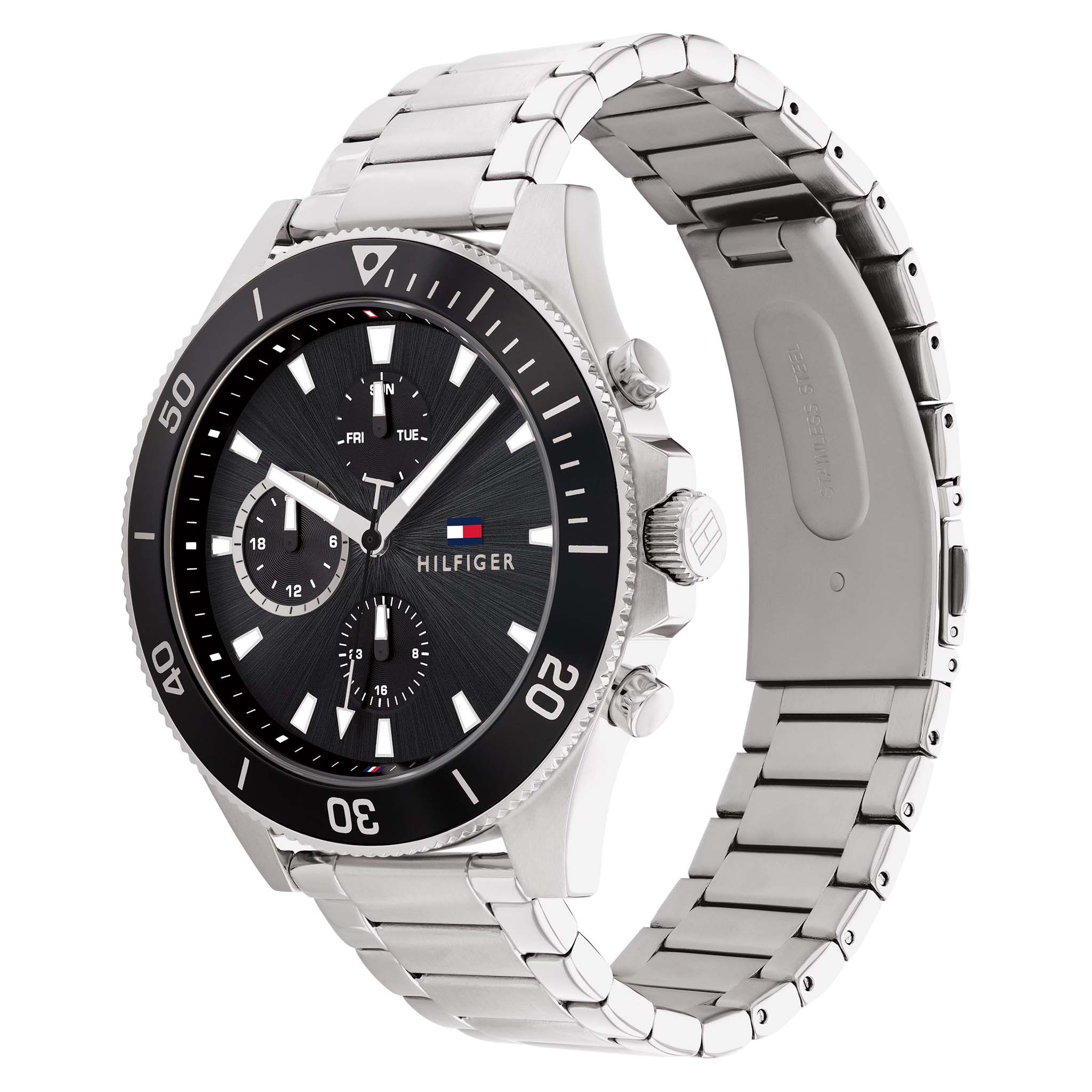 Tommy Hilfiger Silver Steel Black Dial Men's Multi-function Watch - 1791916