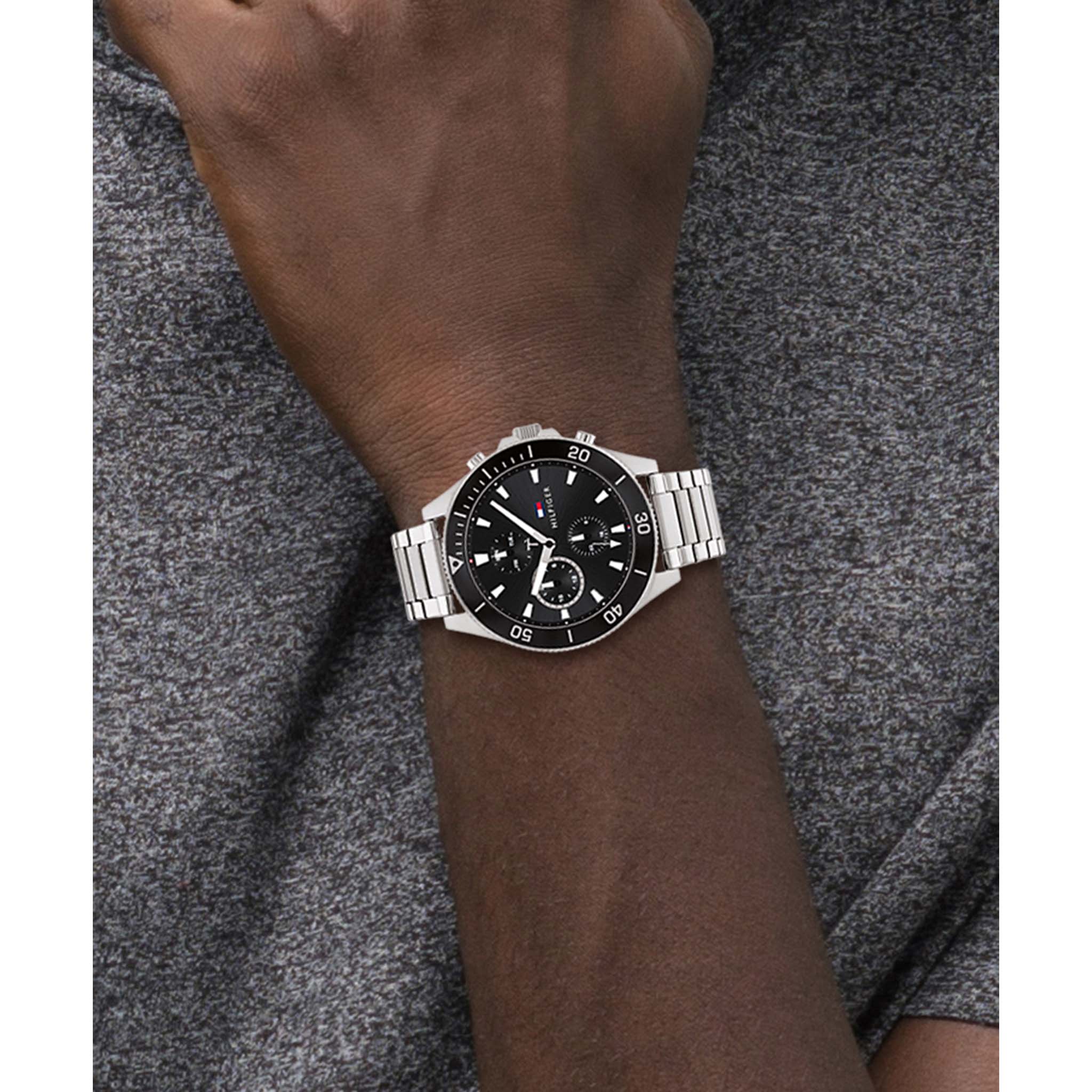 Tommy Hilfiger Silver Steel Black Dial Men's Multi-function Watch - 1791916