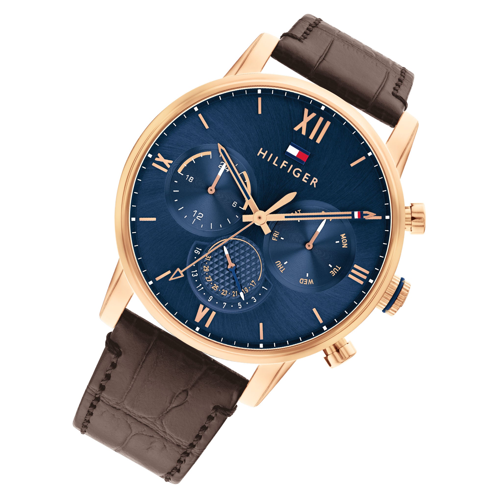 Tommy Hilfiger Brown Leather Navy Dial Men's Multi-function Watch - 1791933