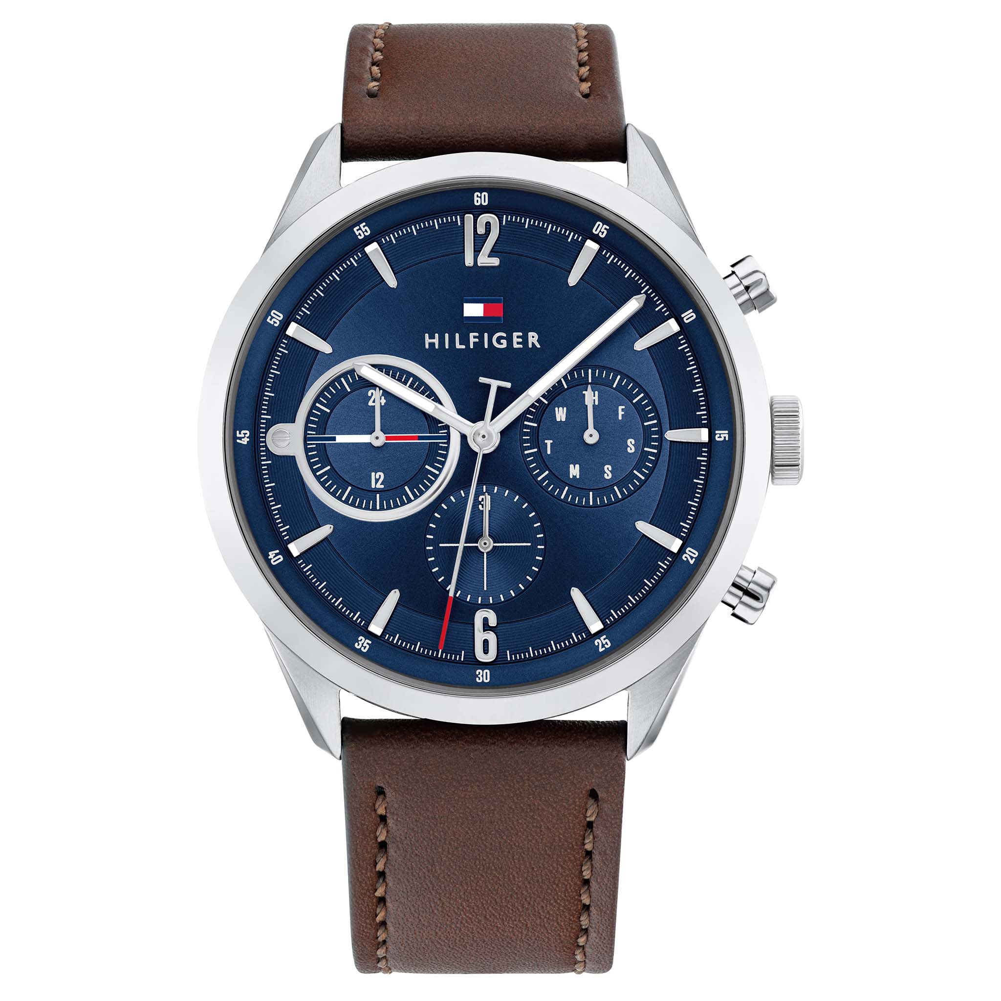 Tommy Hilfiger Dark Brown Leather Blue Dial Men's Multi-function Watch - 1791940