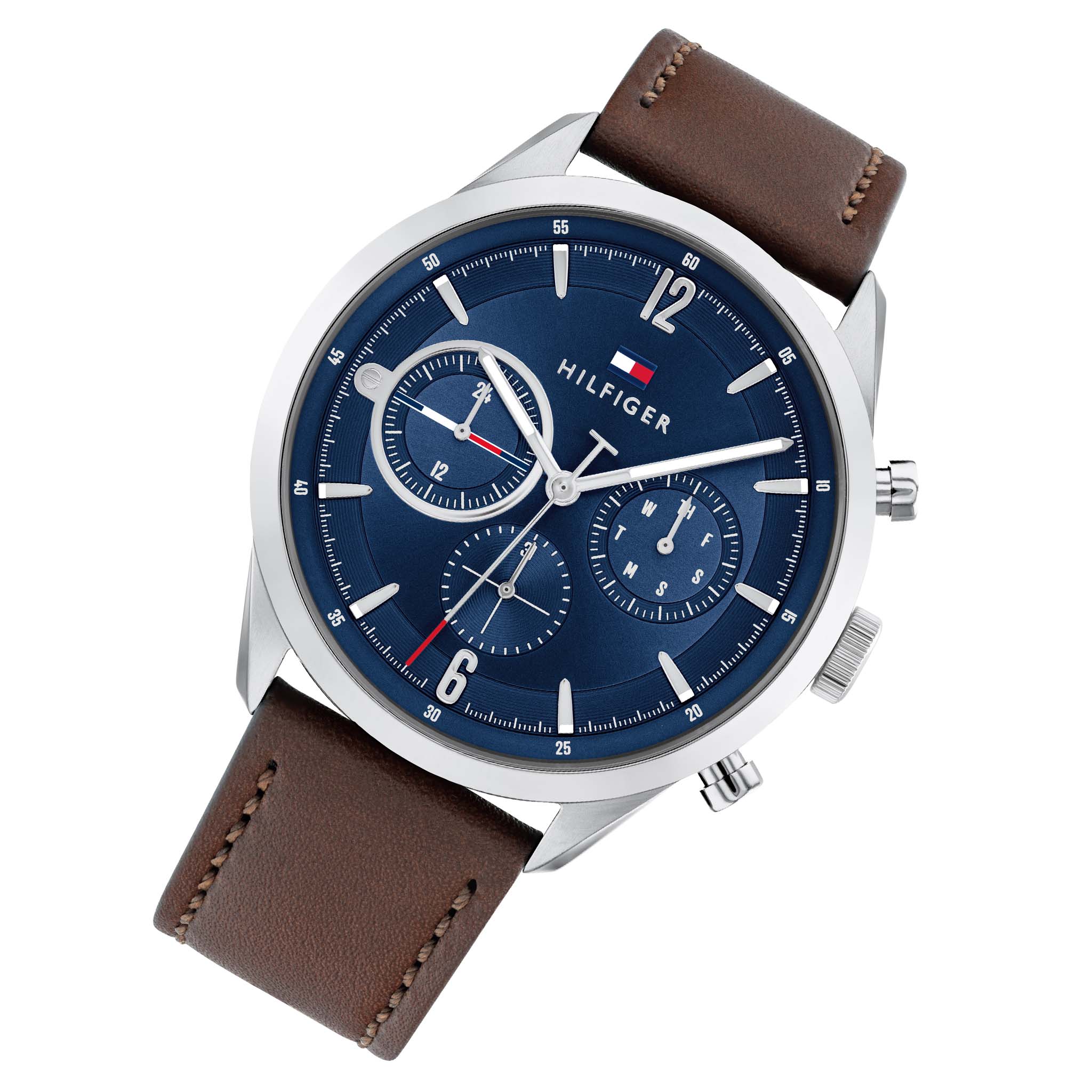 Tommy Hilfiger Dark Brown Leather Blue Dial Men's Multi-function Watch - 1791940
