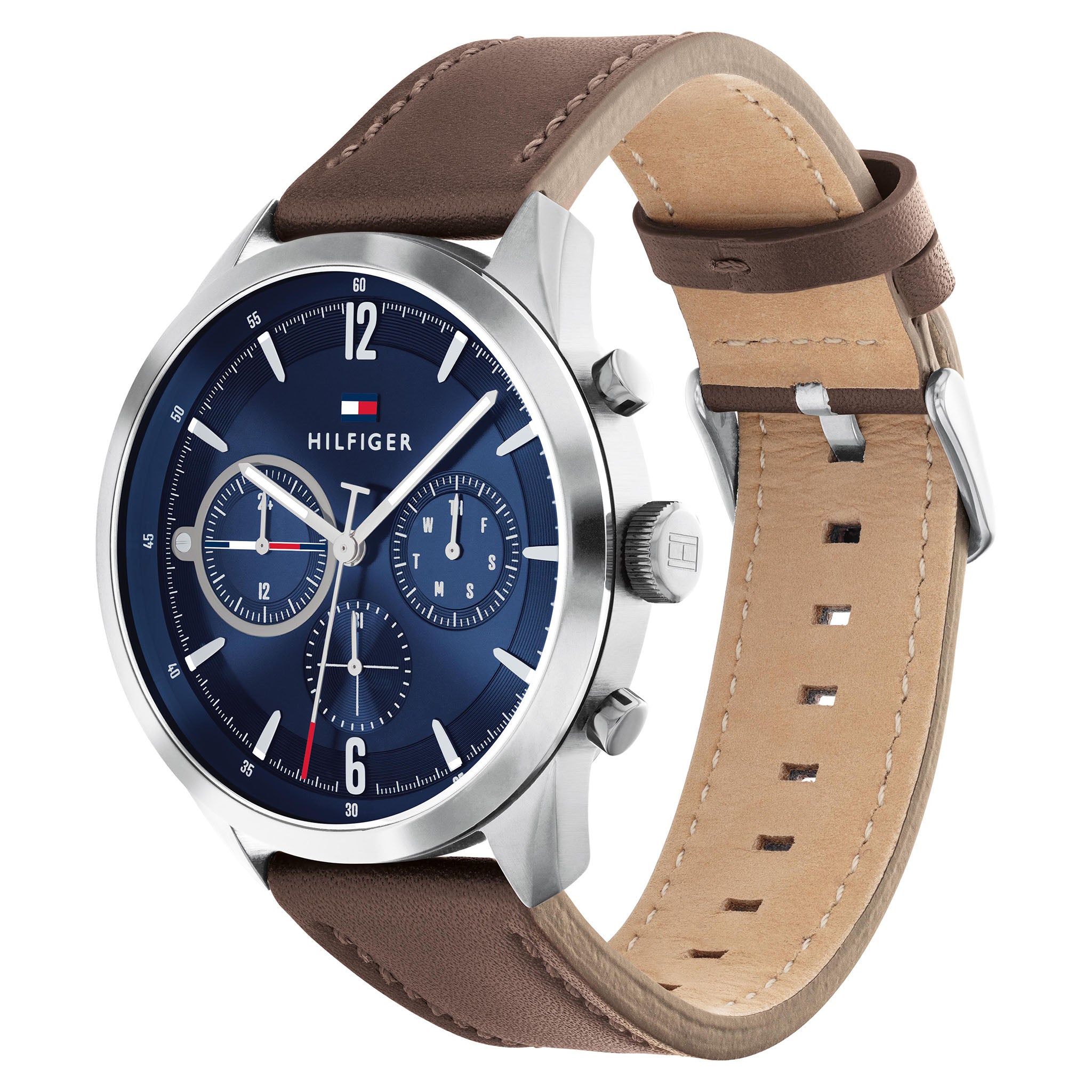 Tommy Hilfiger Dark Brown Leather Blue Dial Men's Multi-function Watch - 1791940