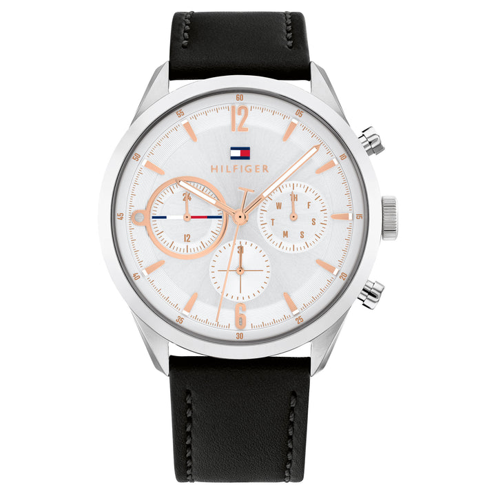 Tommy Hilfiger Black Leather White Dial Men's Multi-function Watch - 1791941