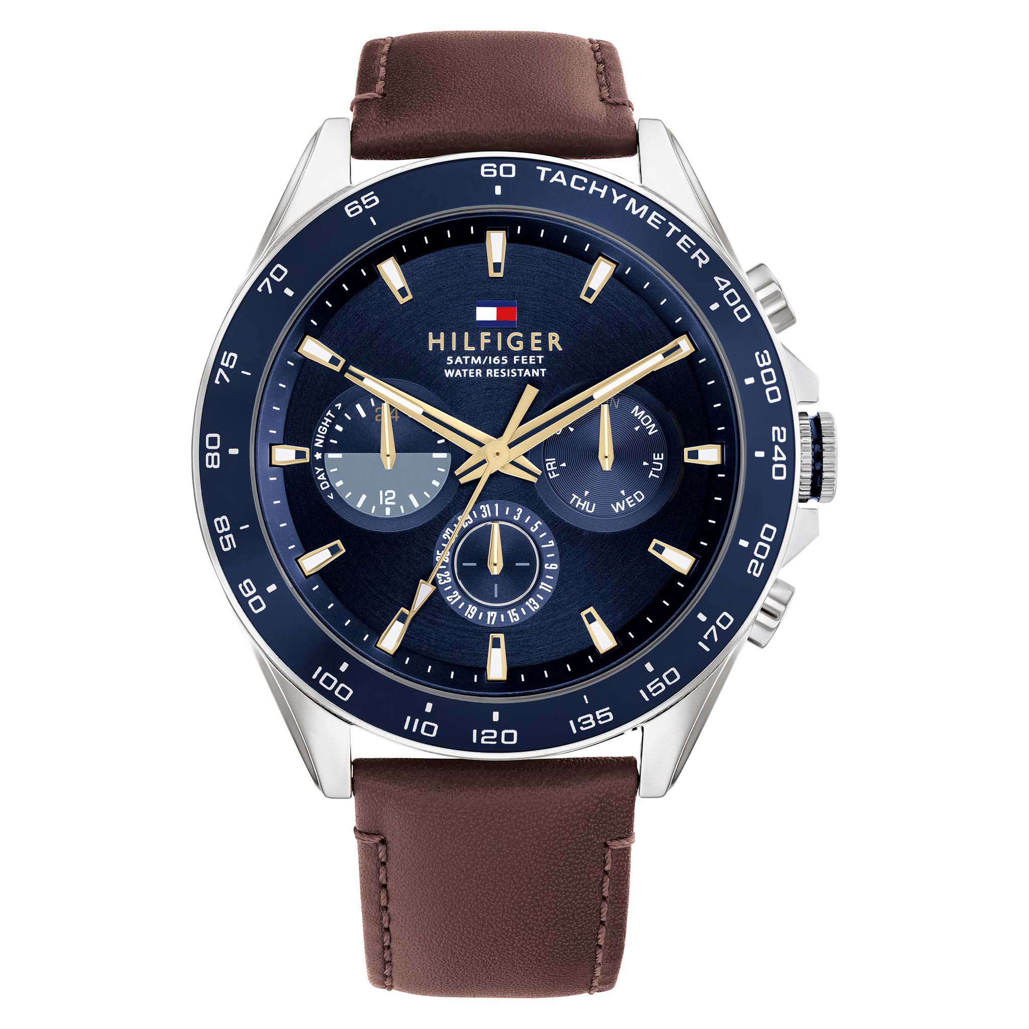 Tommy Hilfiger Brown Leather Blue Dial Men's Multi-function Watch - 1791965
