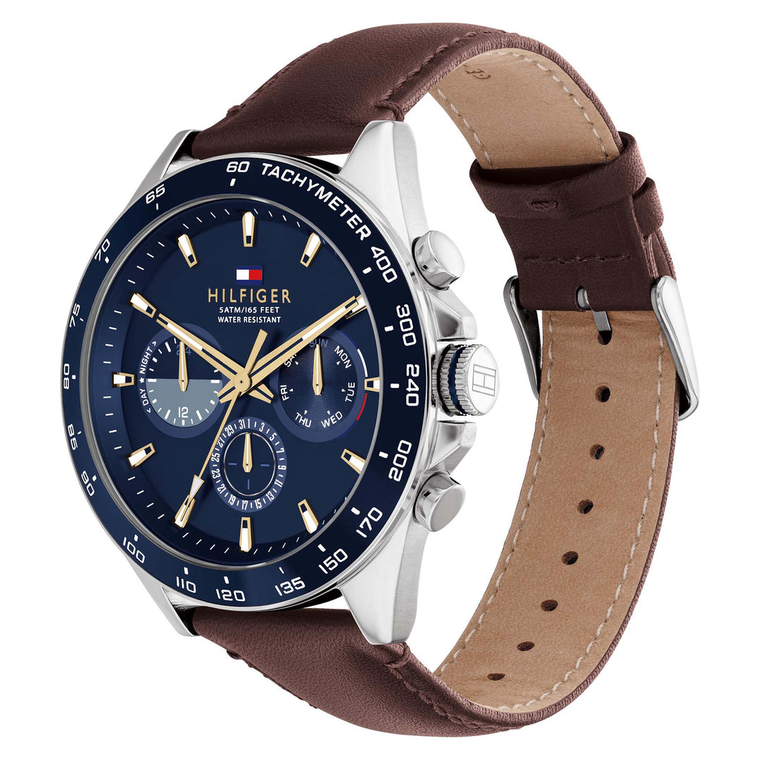 Tommy Hilfiger Brown Leather Blue Dial Men's Multi-function Watch - 1791965