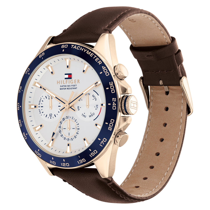 Tommy Hilfiger Brown Leather Silver White Dial Men's Multi-function Watch - 1791966