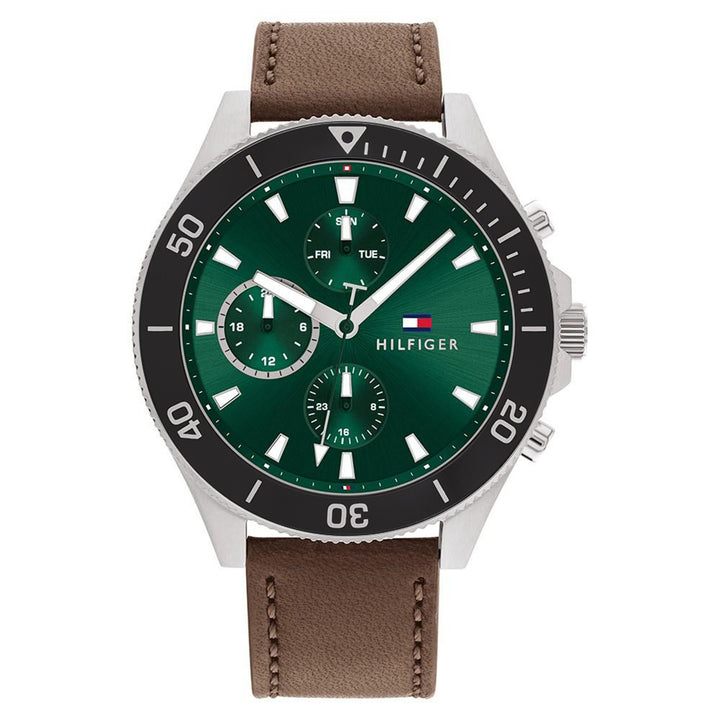 Tommy Hilfiger Brown Leather Green Dial Men's Multi-function Watch - 1791983