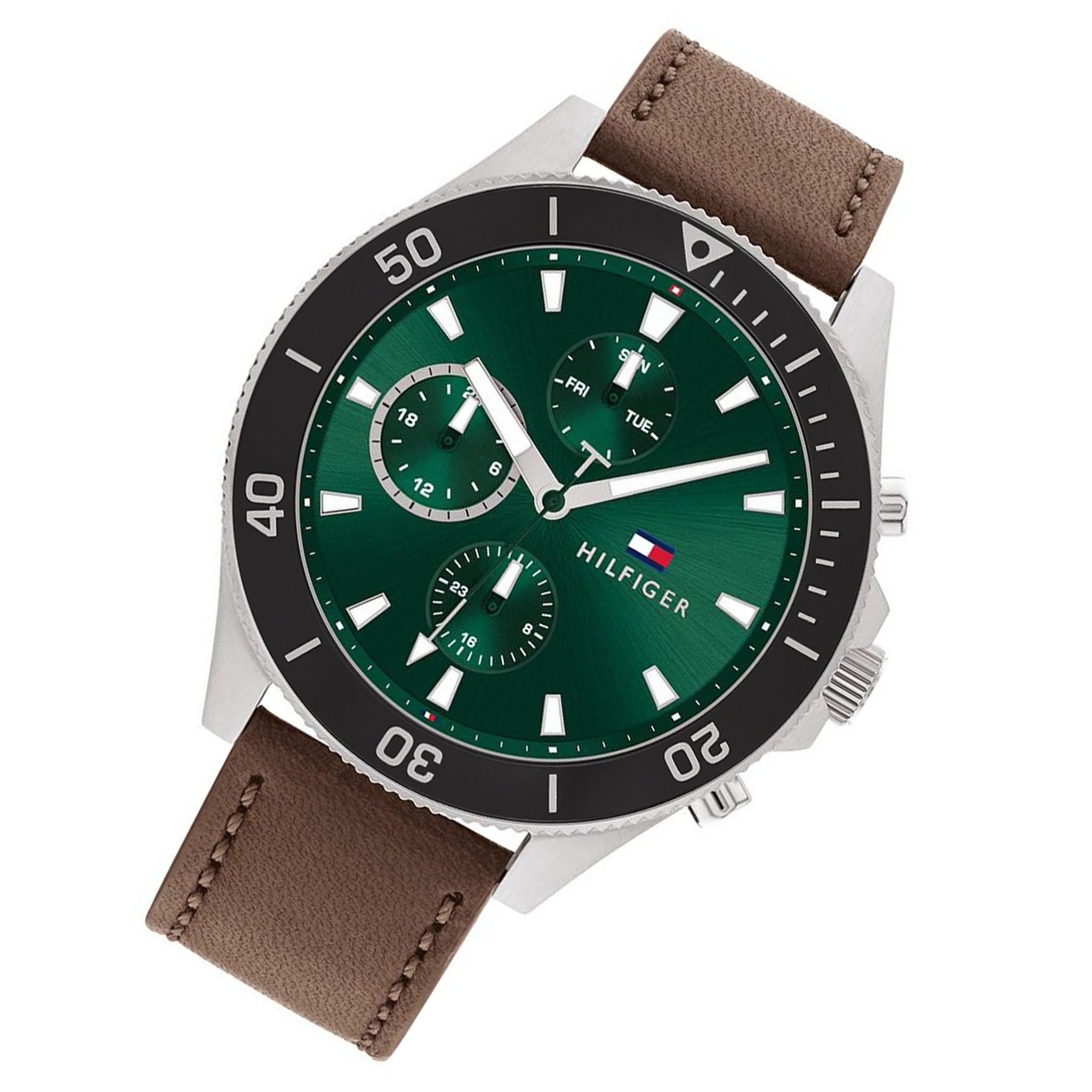 Tommy Hilfiger Brown Leather Green Dial Men's Multi-function Watch - 1791983