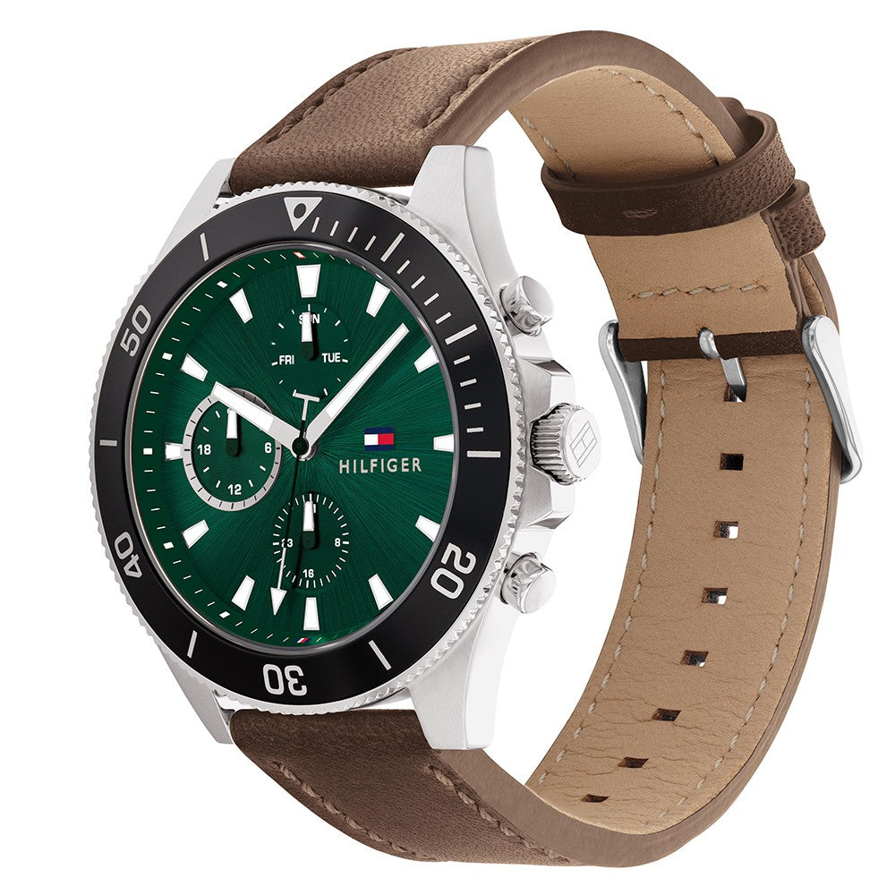 Tommy Hilfiger Brown Leather Green Dial Men's Multi-function Watch - 1791983