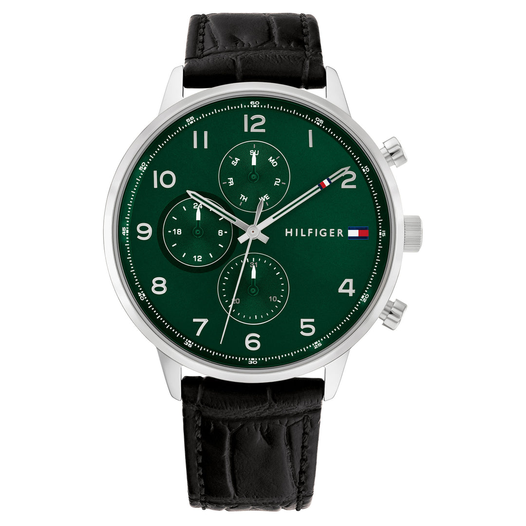 Tommy Hilfiger Black Leather Green Dial Men's Multi-function Watch - 1791985