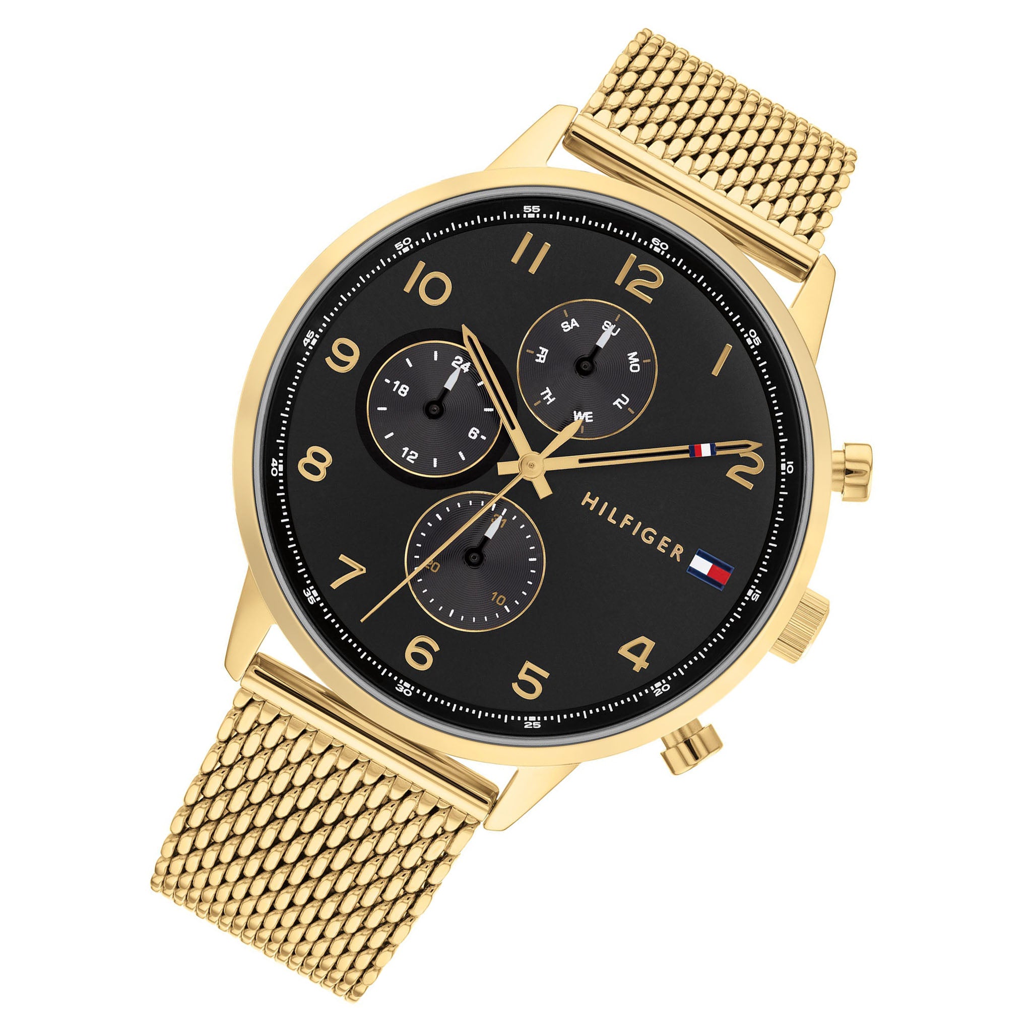 Tommy Hilfiger Gold Steel Mesh Black Dial Men's Multi-function Watch - 1791989