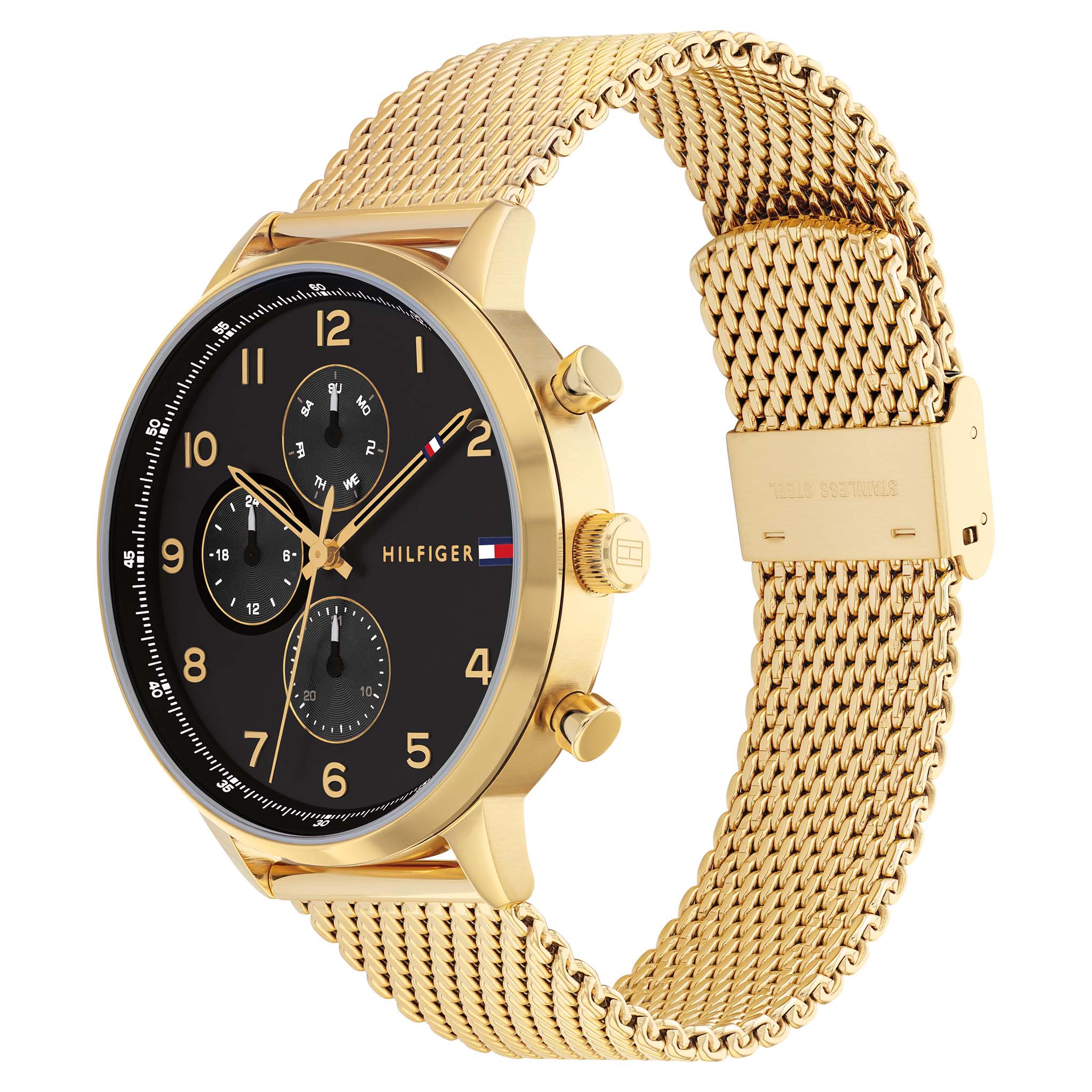 Tommy Hilfiger Gold Steel Mesh Black Dial Men's Multi-function Watch - 1791989