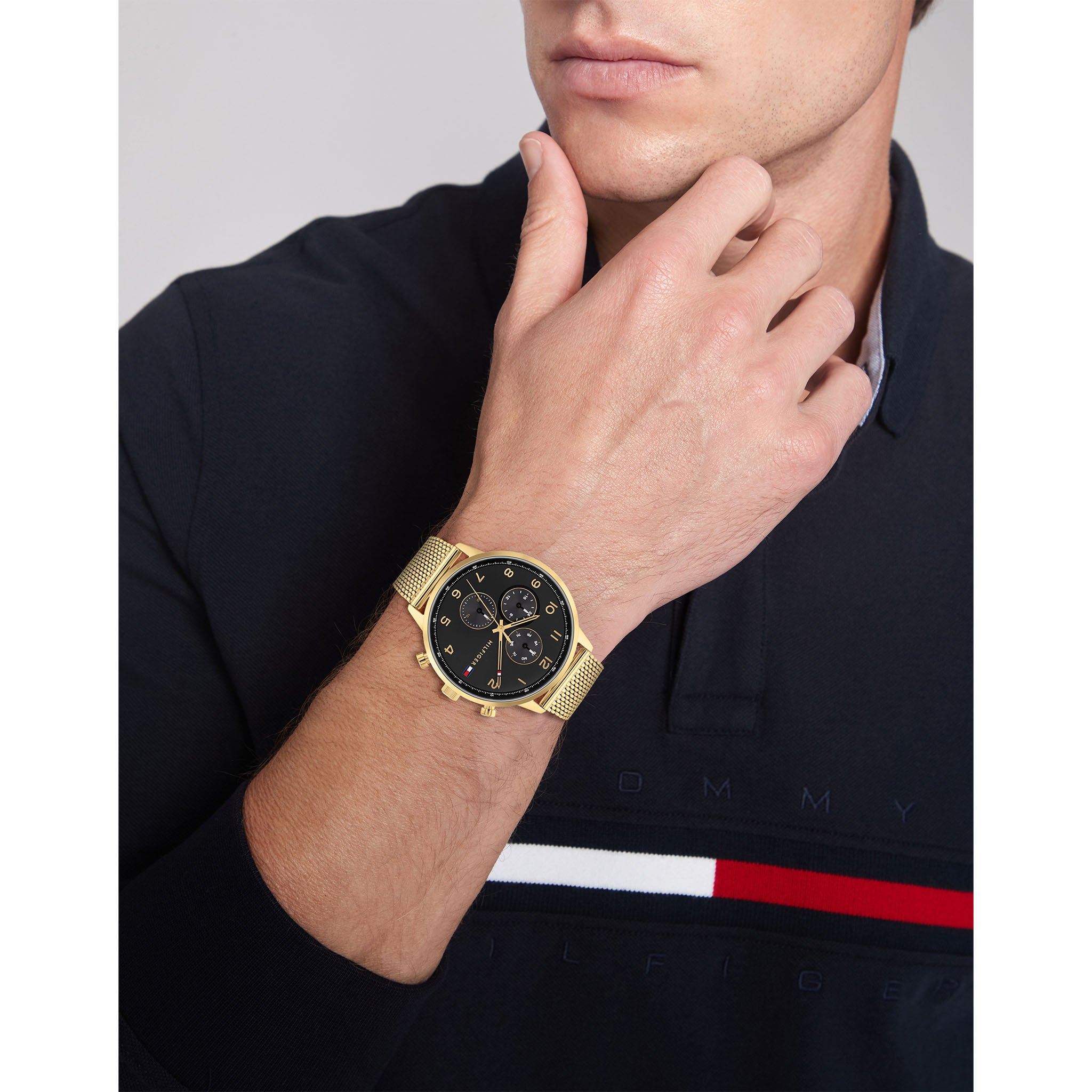 Tommy Hilfiger Gold Steel Mesh Black Dial Men's Multi-function Watch - 1791989