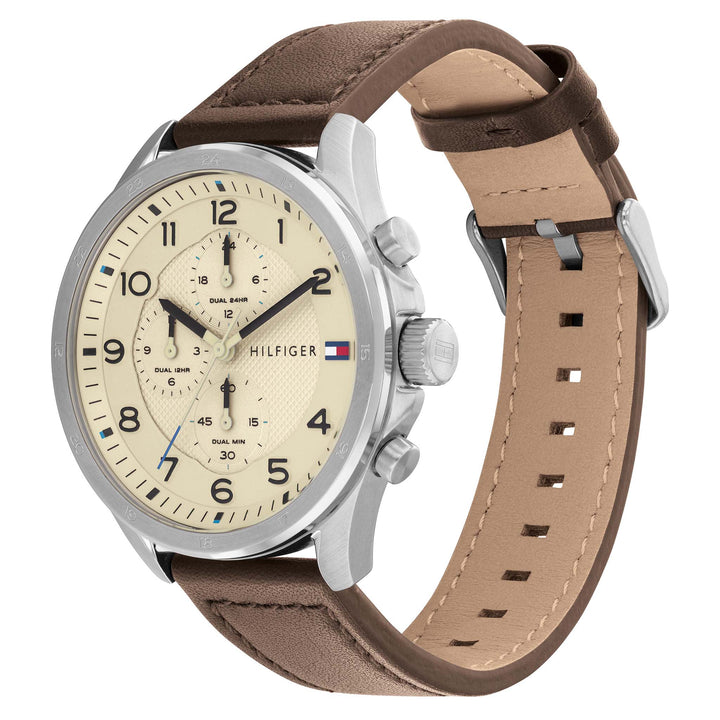 Tommy Hilfiger Brown Leather Parchment Dial Multi-function Men's Watch - 1792003