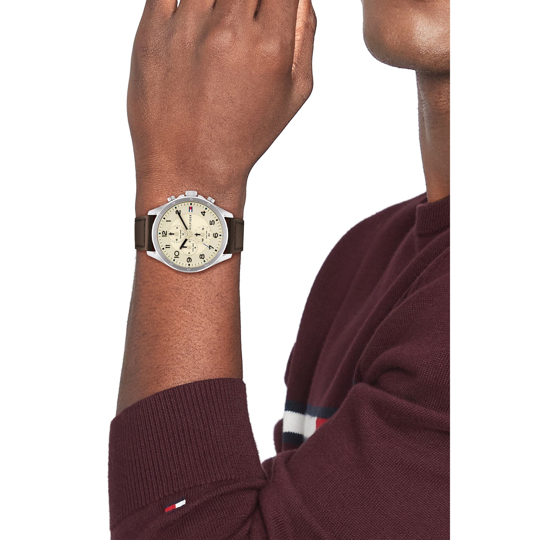 Tommy Hilfiger Brown Leather Parchment Dial Multi-function Men's Watch - 1792003