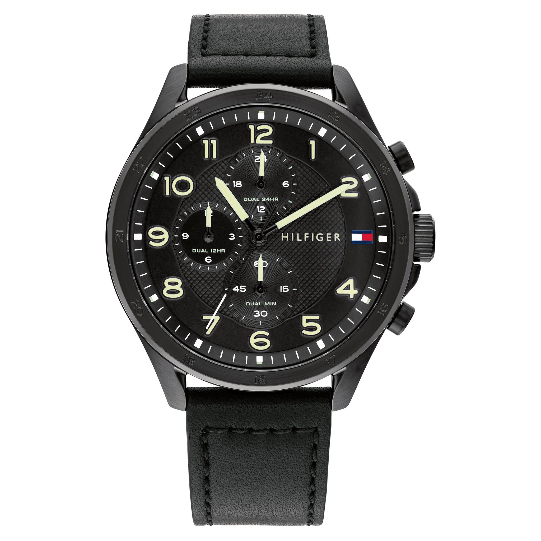 Tommy hilfiger men's black leather strap watch on sale 42mm