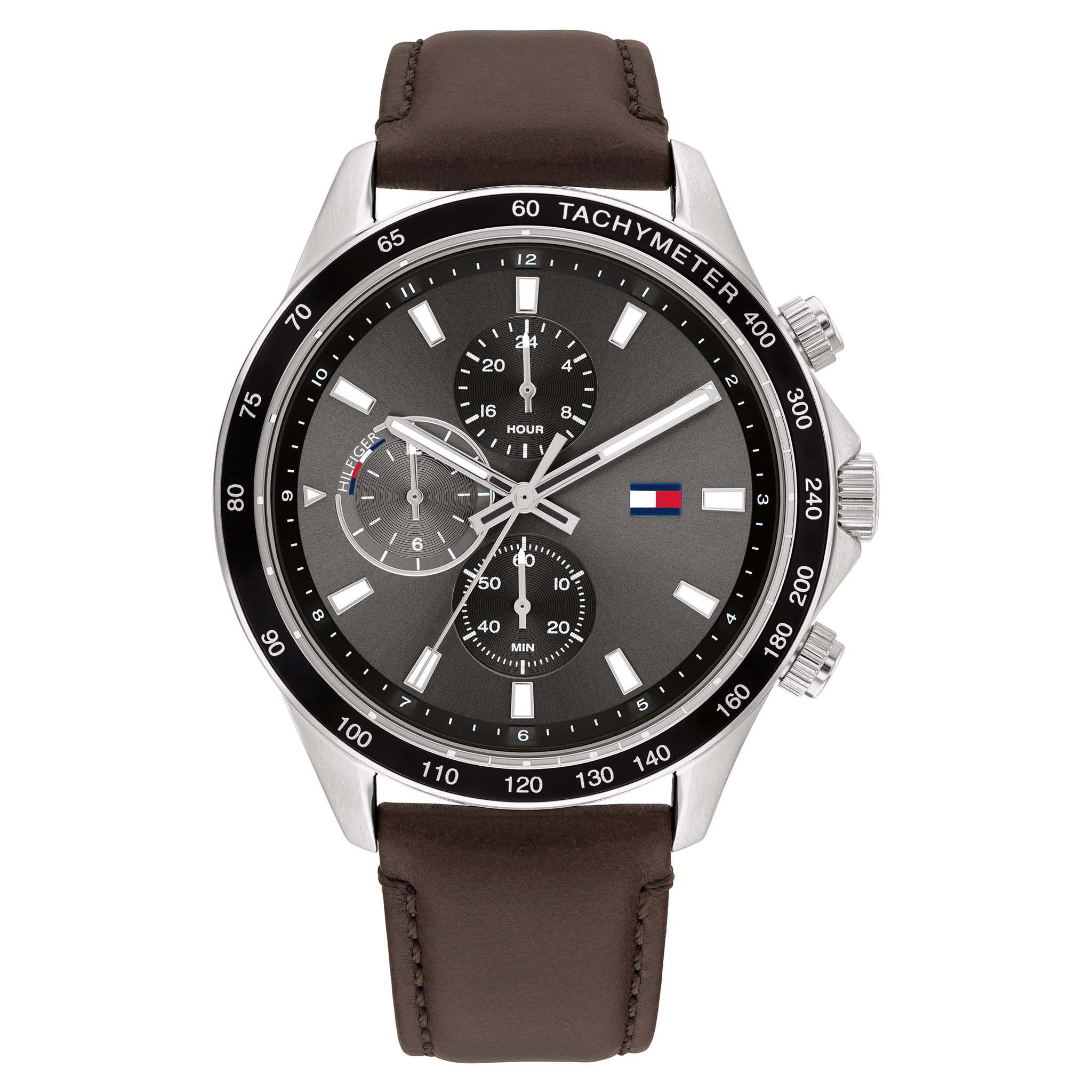 Tommy Hilfiger Brown Leather Band Grey Dial Men's Multi-function Watch ...