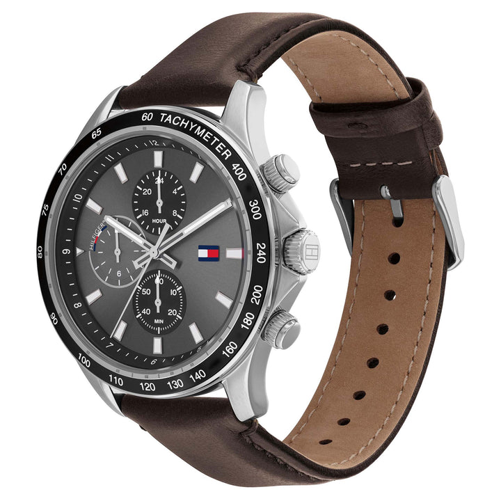 Tommy Hilfiger Brown Leather Band Grey Dial Men's Multi-function Watch - 1792015