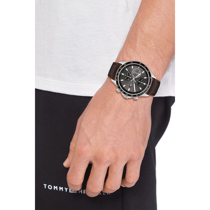 Tommy Hilfiger Brown Leather Band Grey Dial Men's Multi-function Watch - 1792015