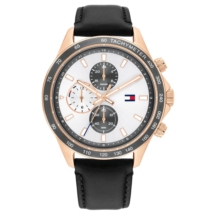 Tommy Hilfiger Black Leather Silver Dial Men's Multi-function Watch - 1792016